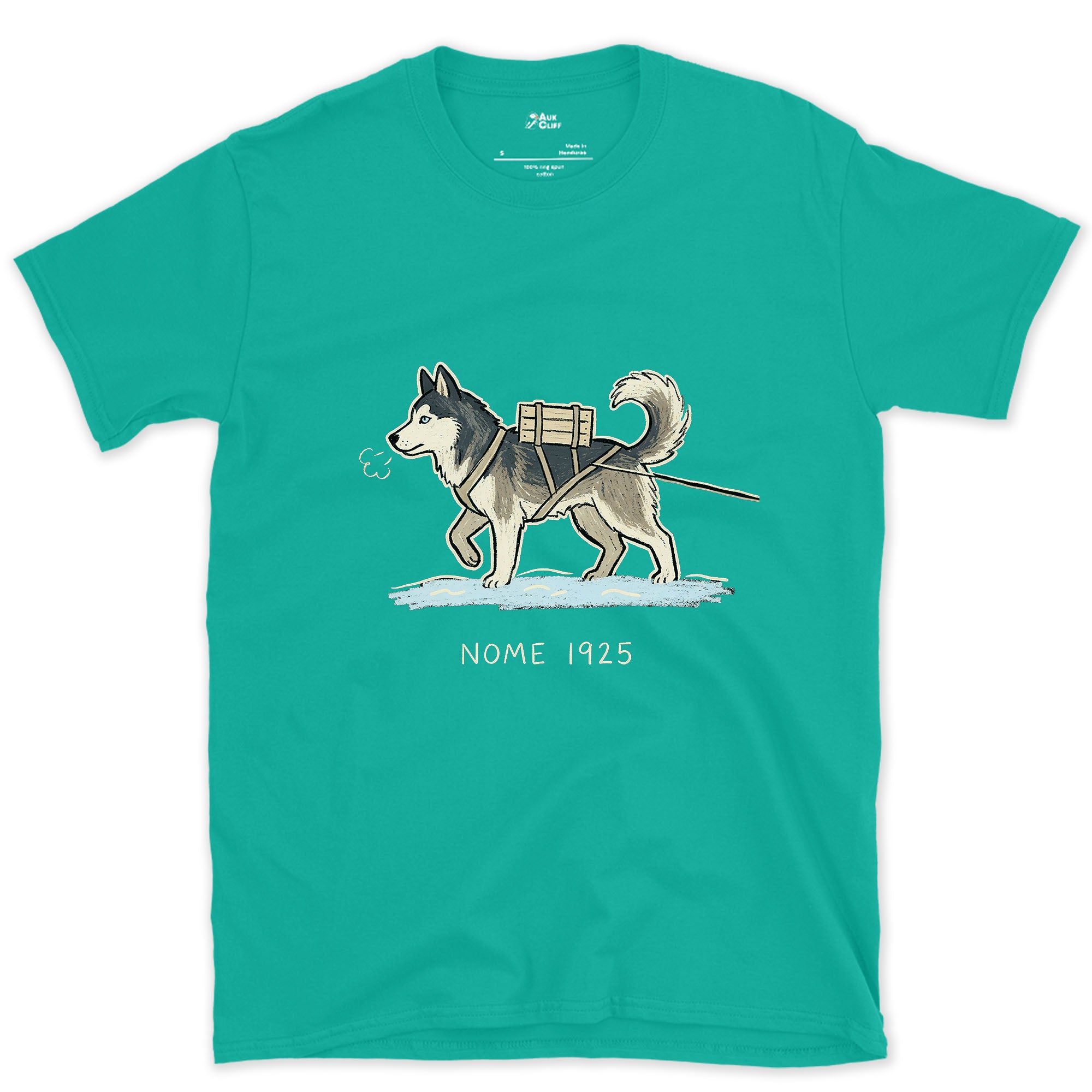 Nome 1925, Husky in Harness on the Trail design on a Jade Dome Gildan Softstyle t-shirt
