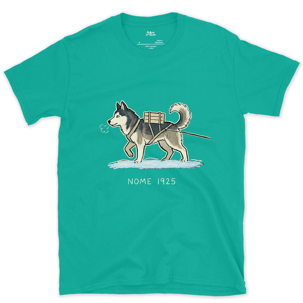 Nome 1925, Husky in Harness on the Trail design on a Jade Dome Gildan Softstyle t-shirt