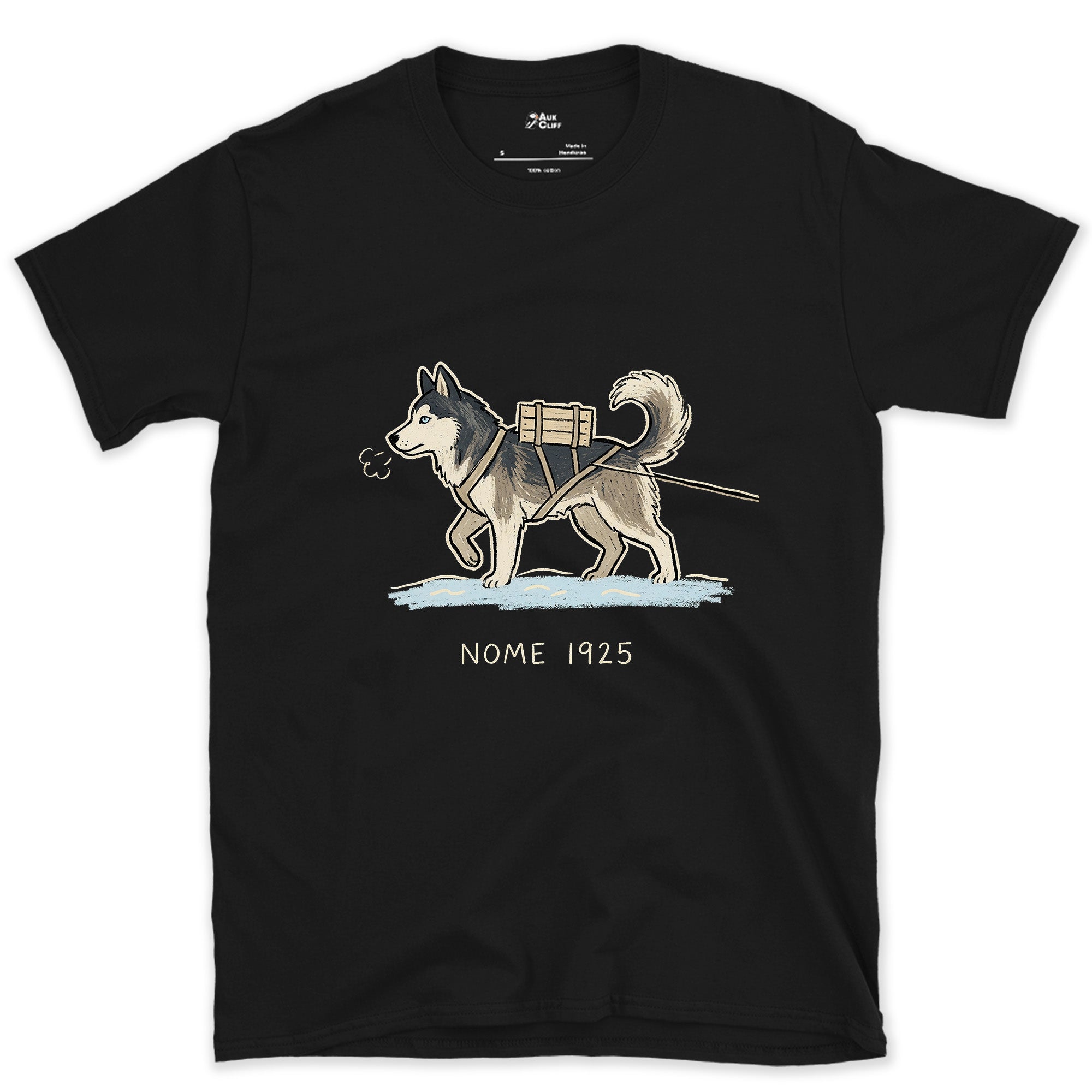 Nome 1925, Husky in Harness on the Trail design on a Black Gildan Softstyle t-shirt