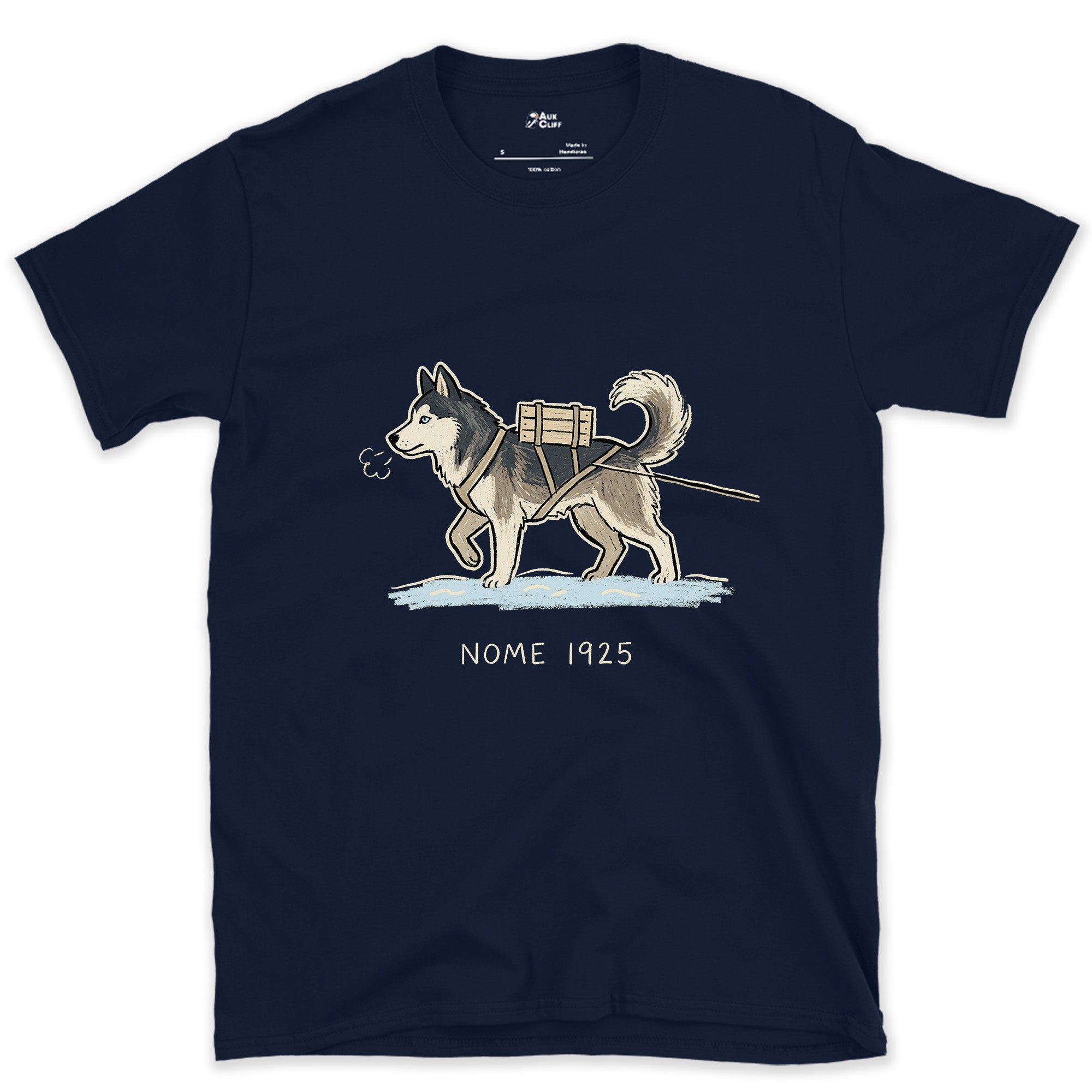 Nome 1925, Husky in Harness on the Trail design on a Navy Gildan Softstyle t-shirt