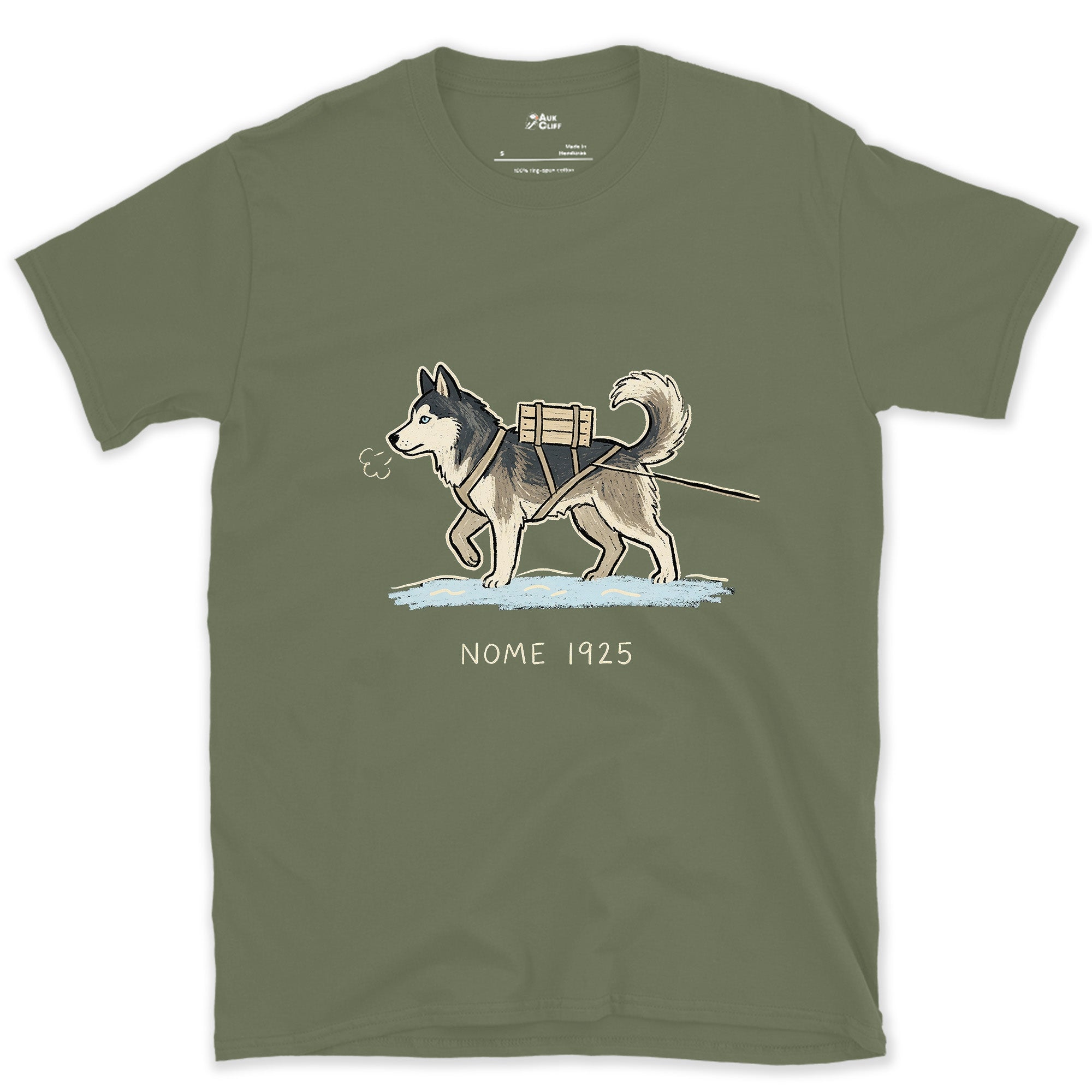 Nome 1925, Husky in Harness on the Trail design on a Military Green Gildan Softstyle t-shirt