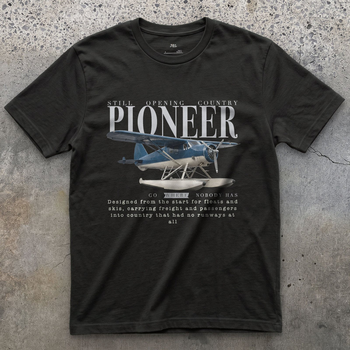 Norseman Float Plane design on a Black Gildan Softstyle t-shirt