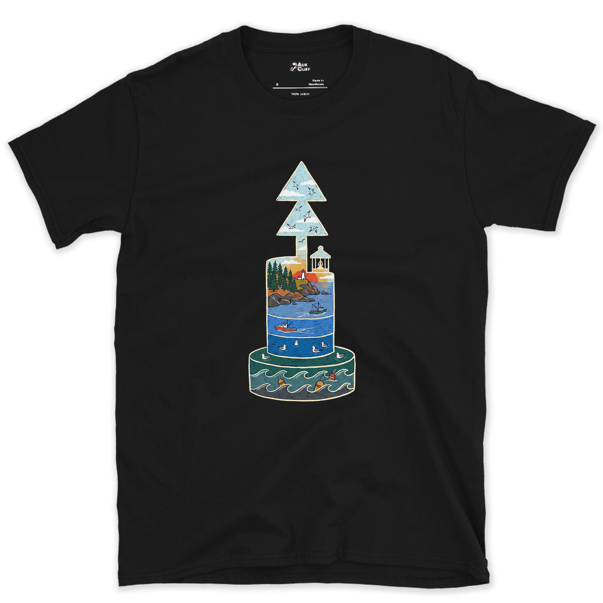 North Cardinal Buoy, First Light design on a Black Gildan Softstyle t-shirt