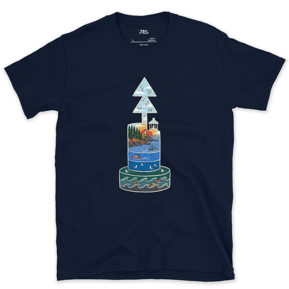 North Cardinal Buoy, First Light design on a Navy Gildan Softstyle t-shirt