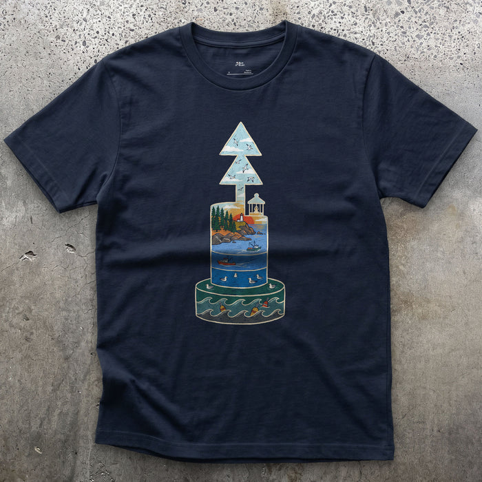 North Cardinal Buoy, First Light design on a Navy Gildan Softstyle t-shirt