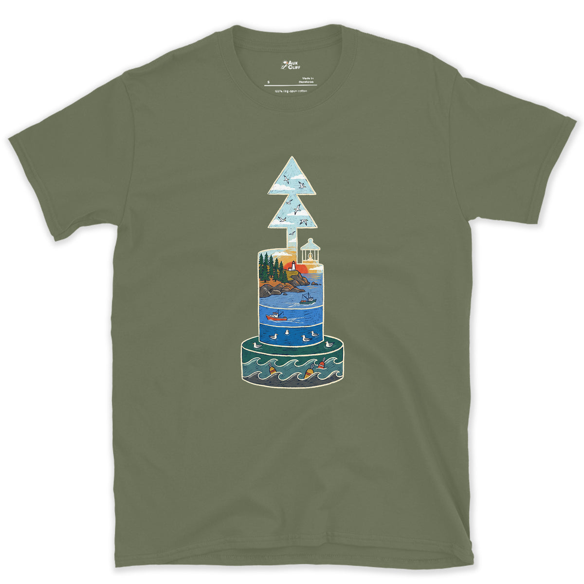 North Cardinal Buoy, First Light design on a Military Green Gildan Softstyle t-shirt