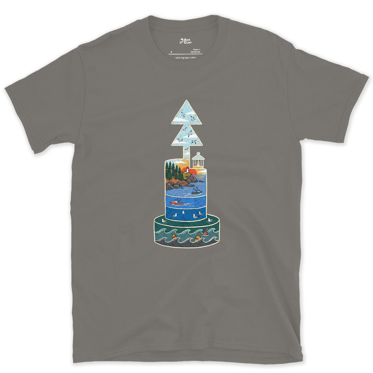 North Cardinal Buoy, First Light design on a Charcoal Gildan Softstyle t-shirt