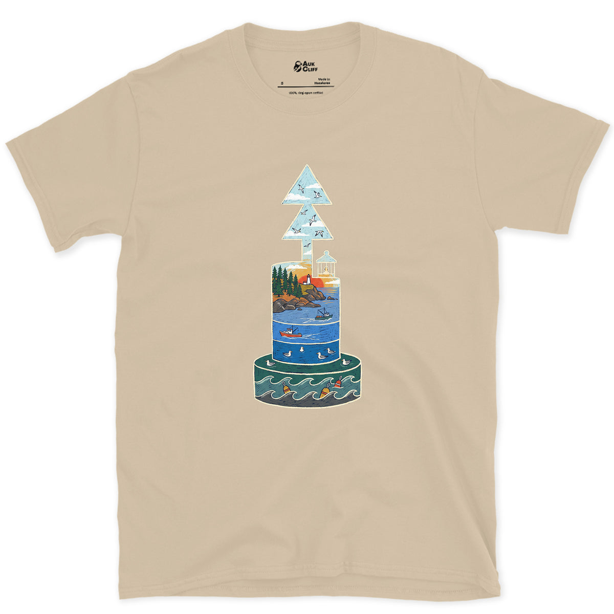 North Cardinal Buoy, First Light design on a Sand Gildan Softstyle t-shirt