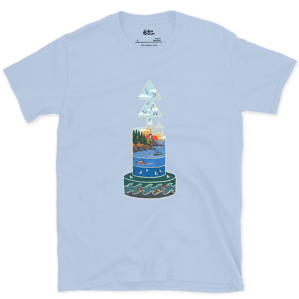North Cardinal Buoy, First Light design on a Light Blue Gildan Softstyle t-shirt