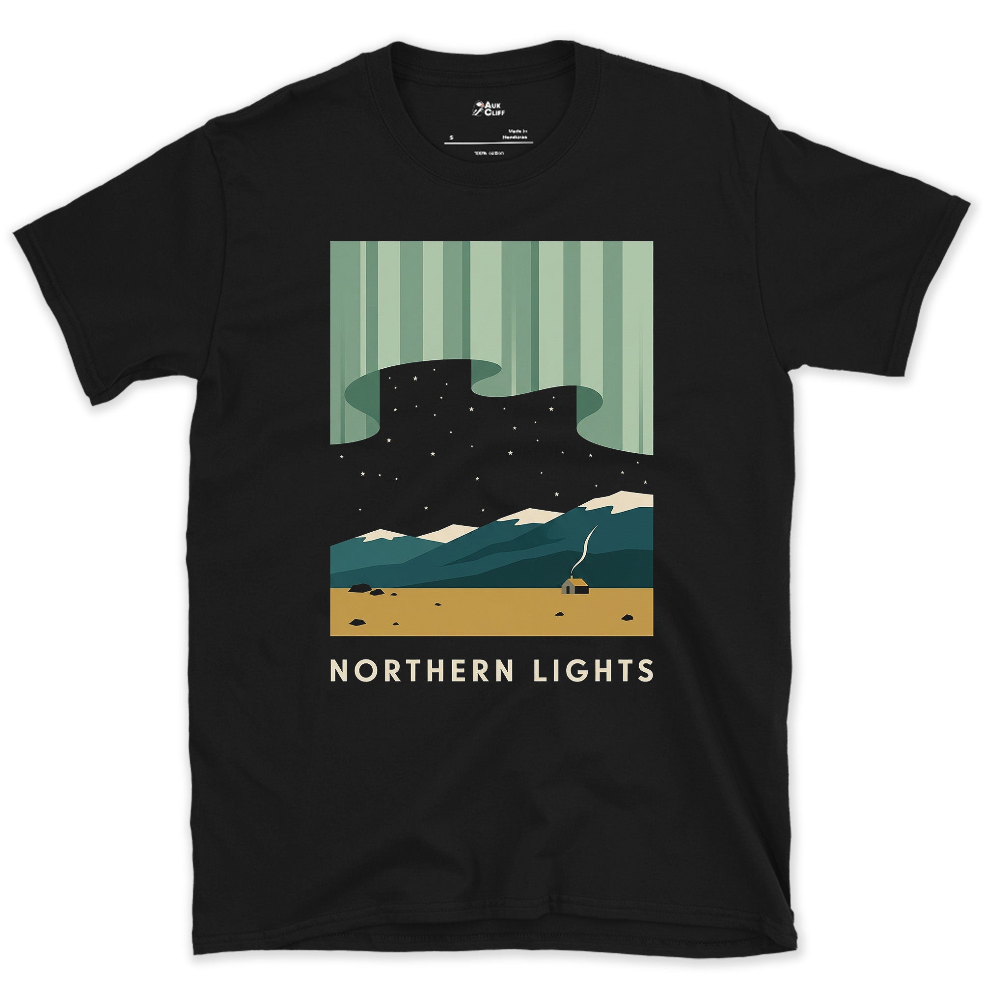 Northern Lights Over the Cabin design on a Black Gildan Softstyle t-shirt