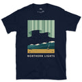 Northern Lights Over the Cabin design on a Navy Gildan Softstyle t-shirt