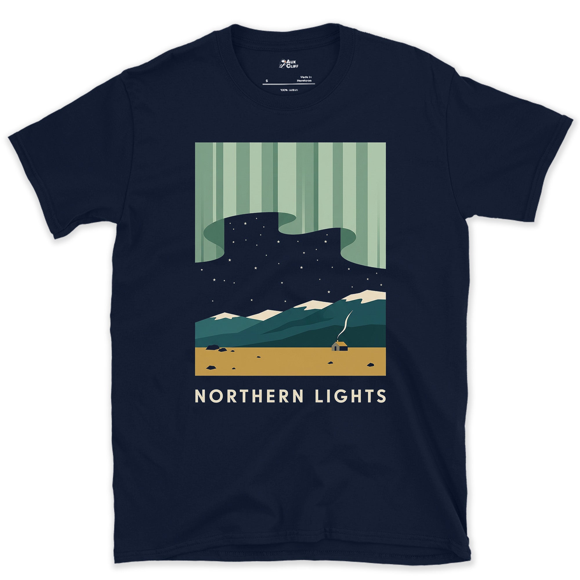 Northern Lights Over the Cabin design on a Navy Gildan Softstyle t-shirt