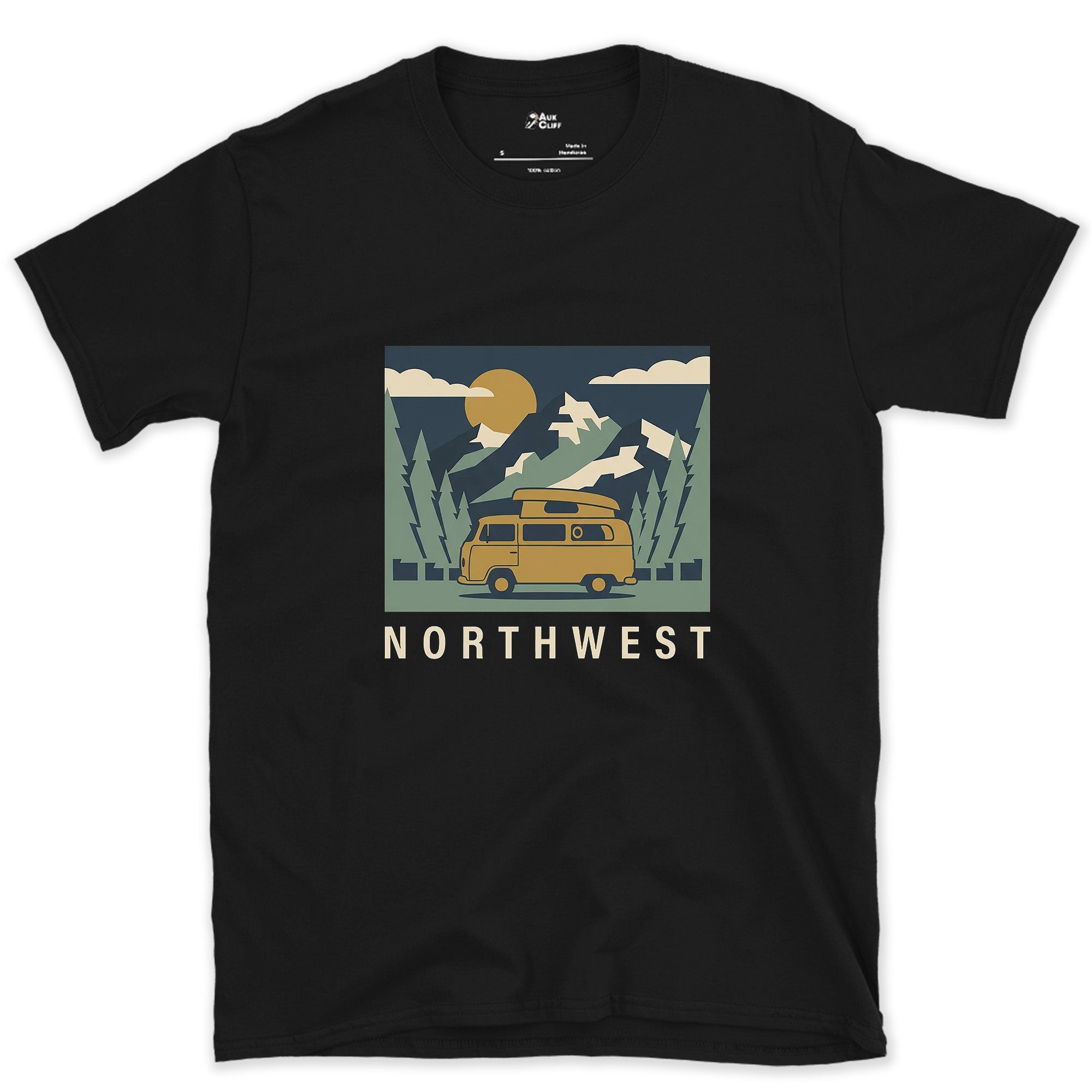 Northwest Camper Under a Full Moon and Pines design on a Black Gildan Softstyle t-shirt