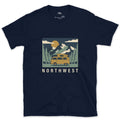 Northwest Camper Under a Full Moon and Pines design on a Navy Gildan Softstyle t-shirt