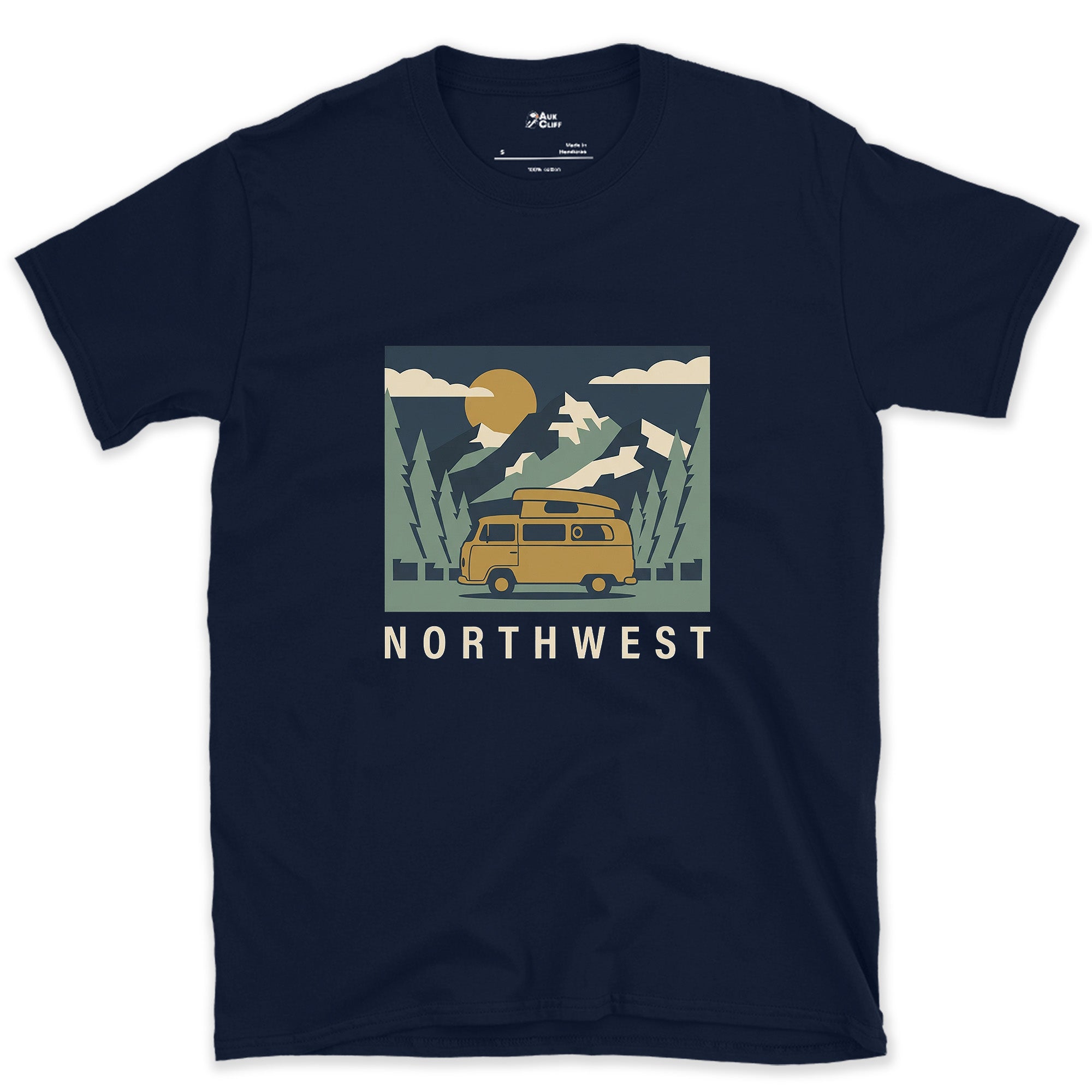 Northwest Camper Under a Full Moon and Pines design on a Navy Gildan Softstyle t-shirt