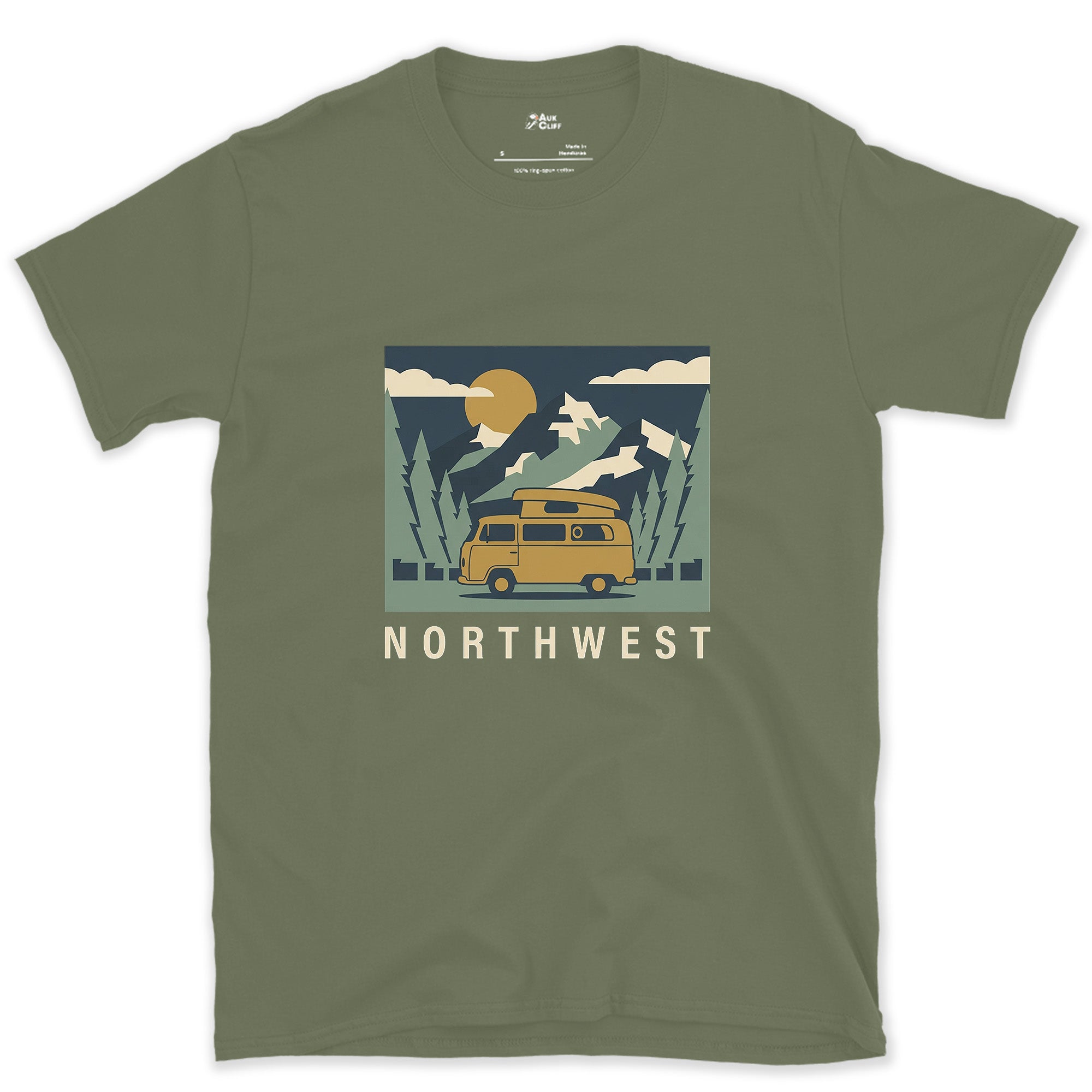 Northwest Camper Under a Full Moon and Pines design on a Military Green Gildan Softstyle t-shirt