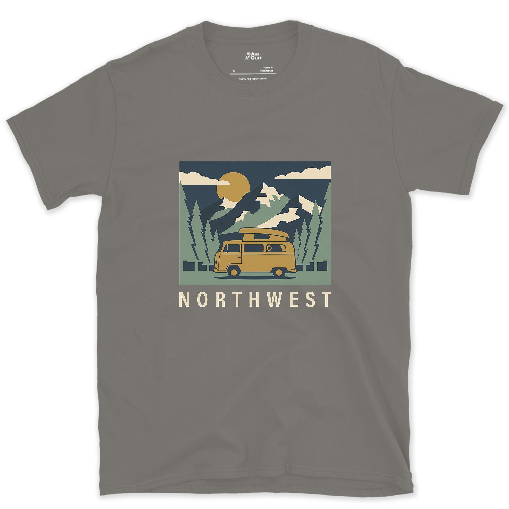 Northwest Camper Under a Full Moon and Pines design on a Charcoal Gildan Softstyle t-shirt
