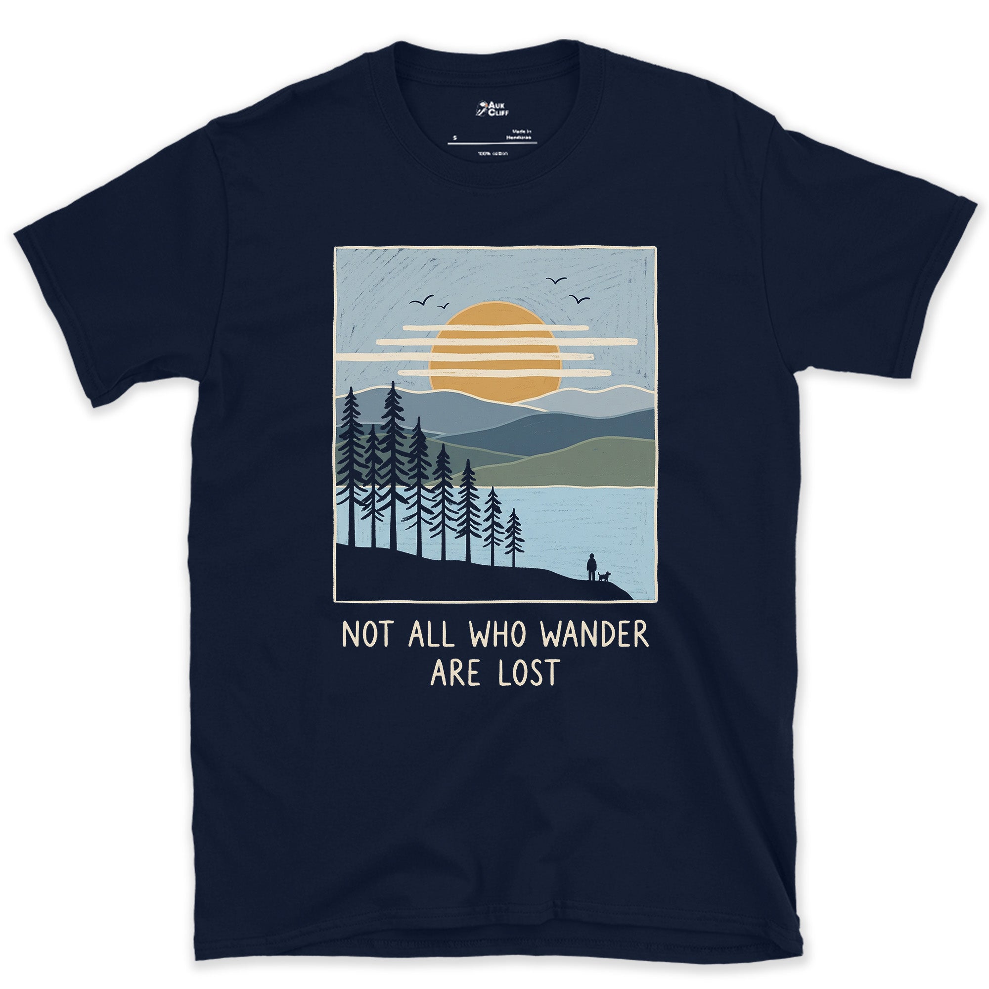 Not All Who Wander Are Lost design on a Navy Gildan Softstyle t-shirt