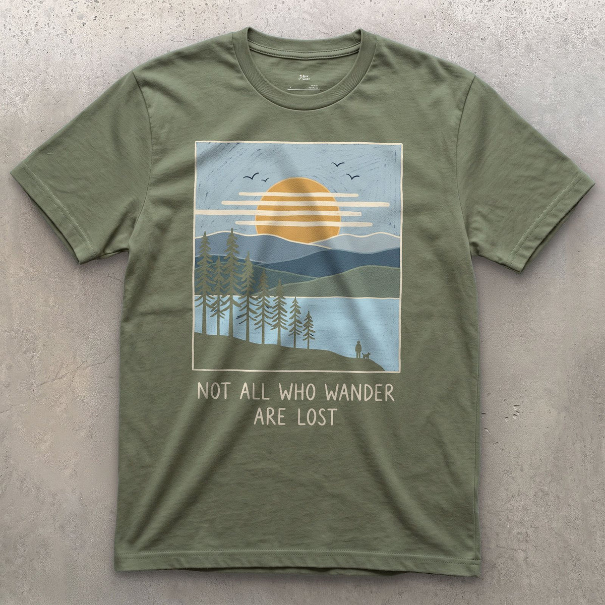 Not All Who Wander Are Lost design on a Military Green Gildan Softstyle t-shirt