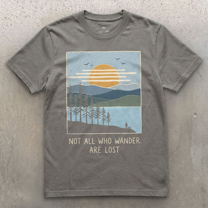 Not All Who Wander Are Lost design on a Charcoal Gildan Softstyle t-shirt