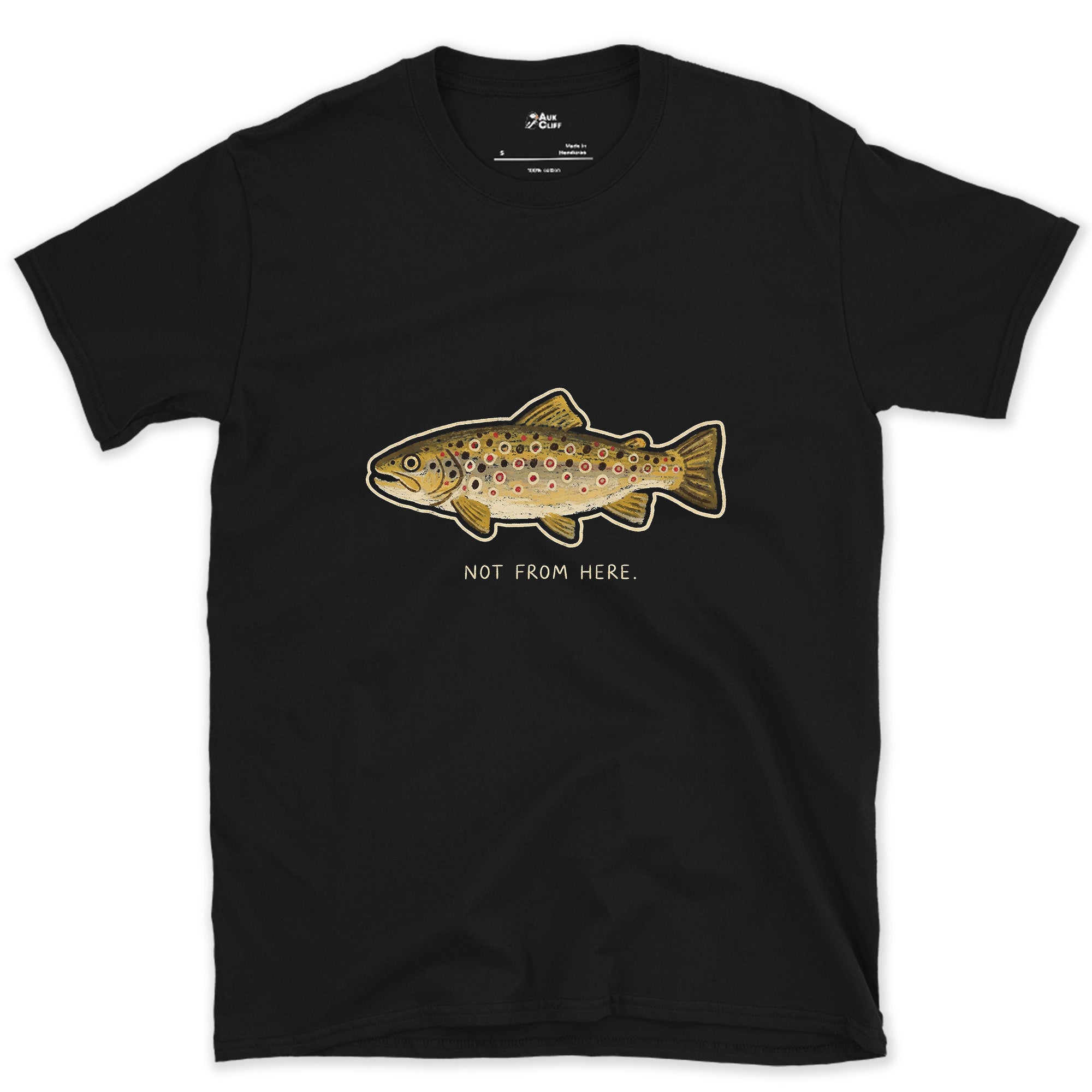 Not From Here, Brown Trout design on a Black Gildan Softstyle t-shirt