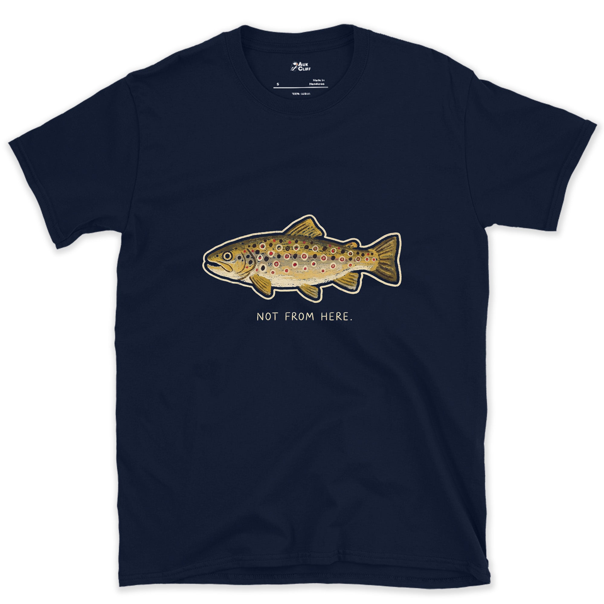 Not From Here, Brown Trout design on a Navy Gildan Softstyle t-shirt