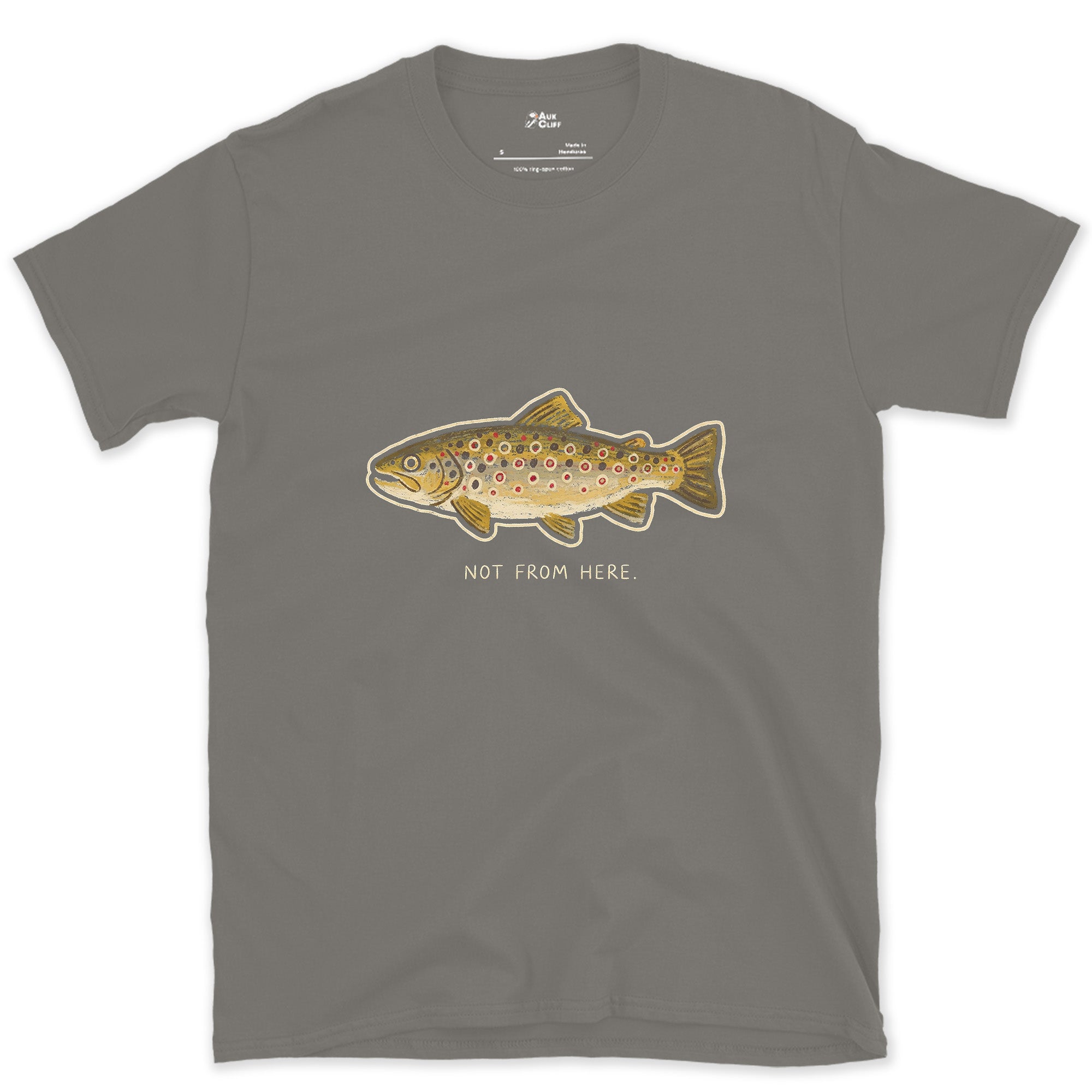 Not From Here, Brown Trout design on a Charcoal Gildan Softstyle t-shirt