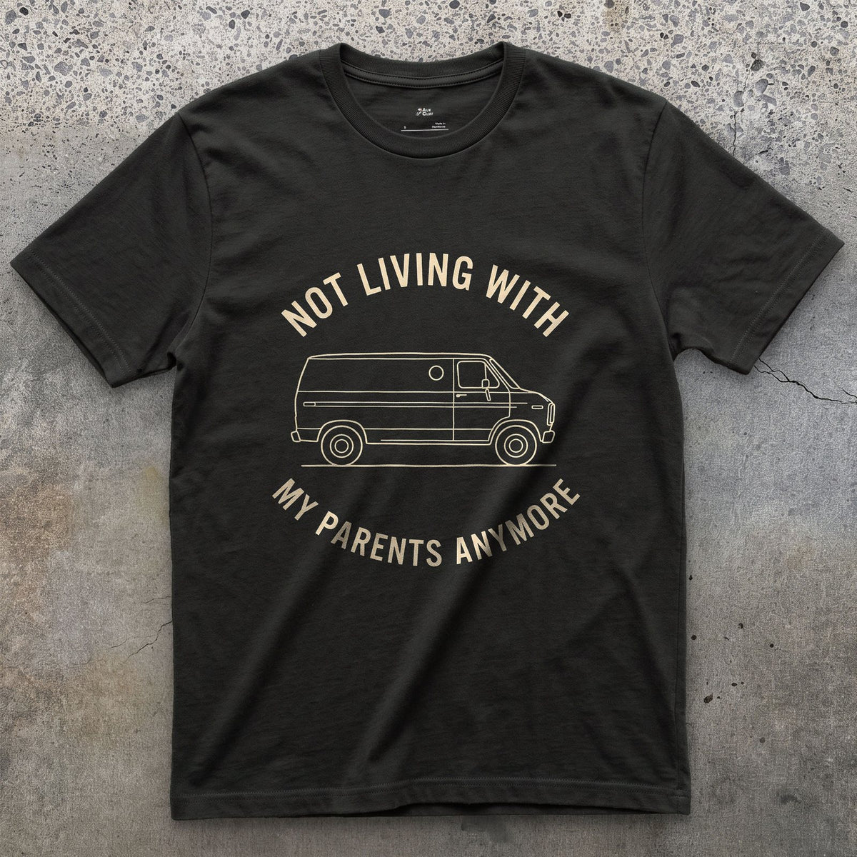 Not Living With My Parents Anymore, Van design on a Black Gildan Softstyle t-shirt