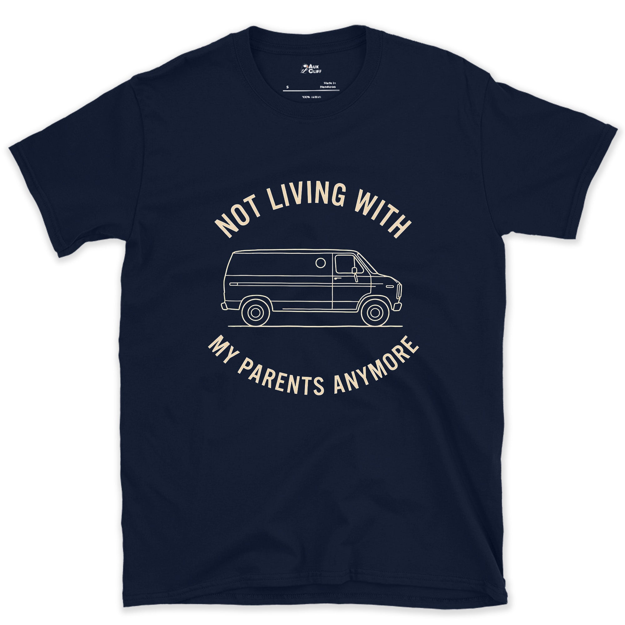 Not Living With My Parents Anymore, Van design on a Navy Gildan Softstyle t-shirt