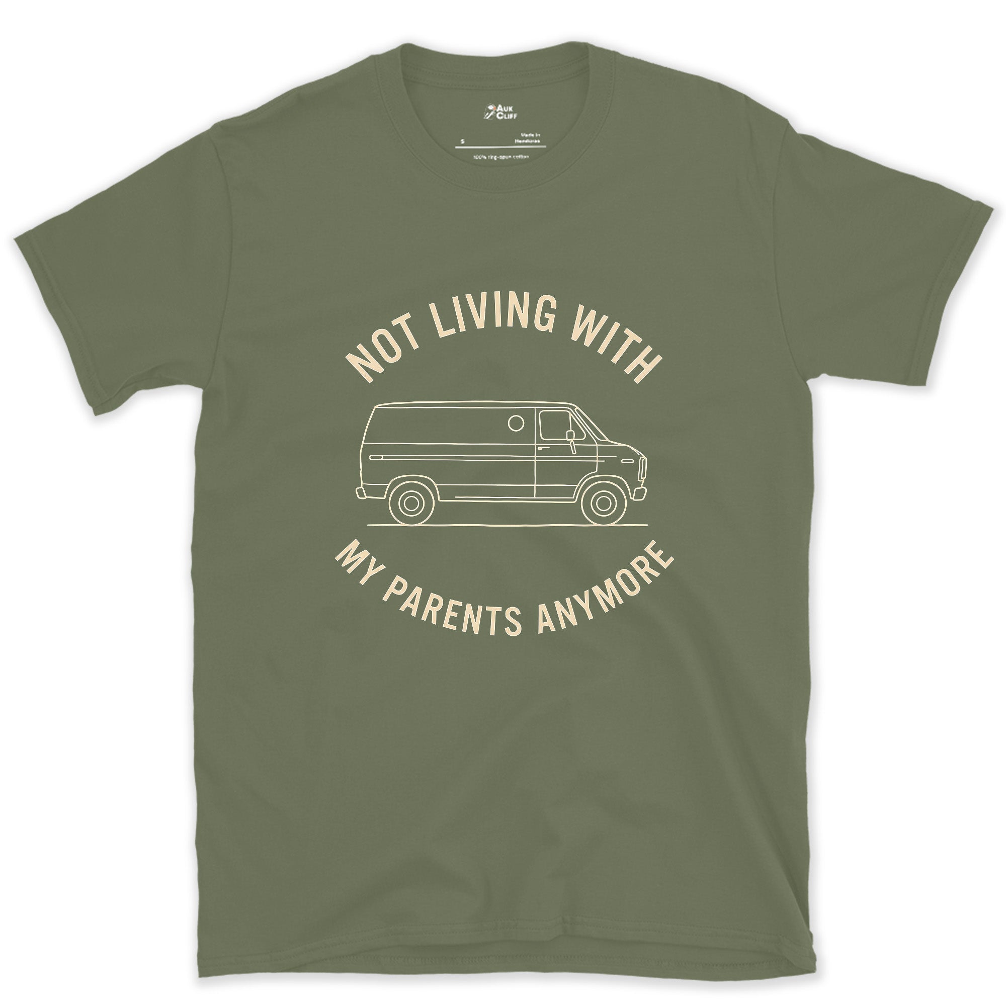 Not Living With My Parents Anymore, Van design on a Military Green Gildan Softstyle t-shirt