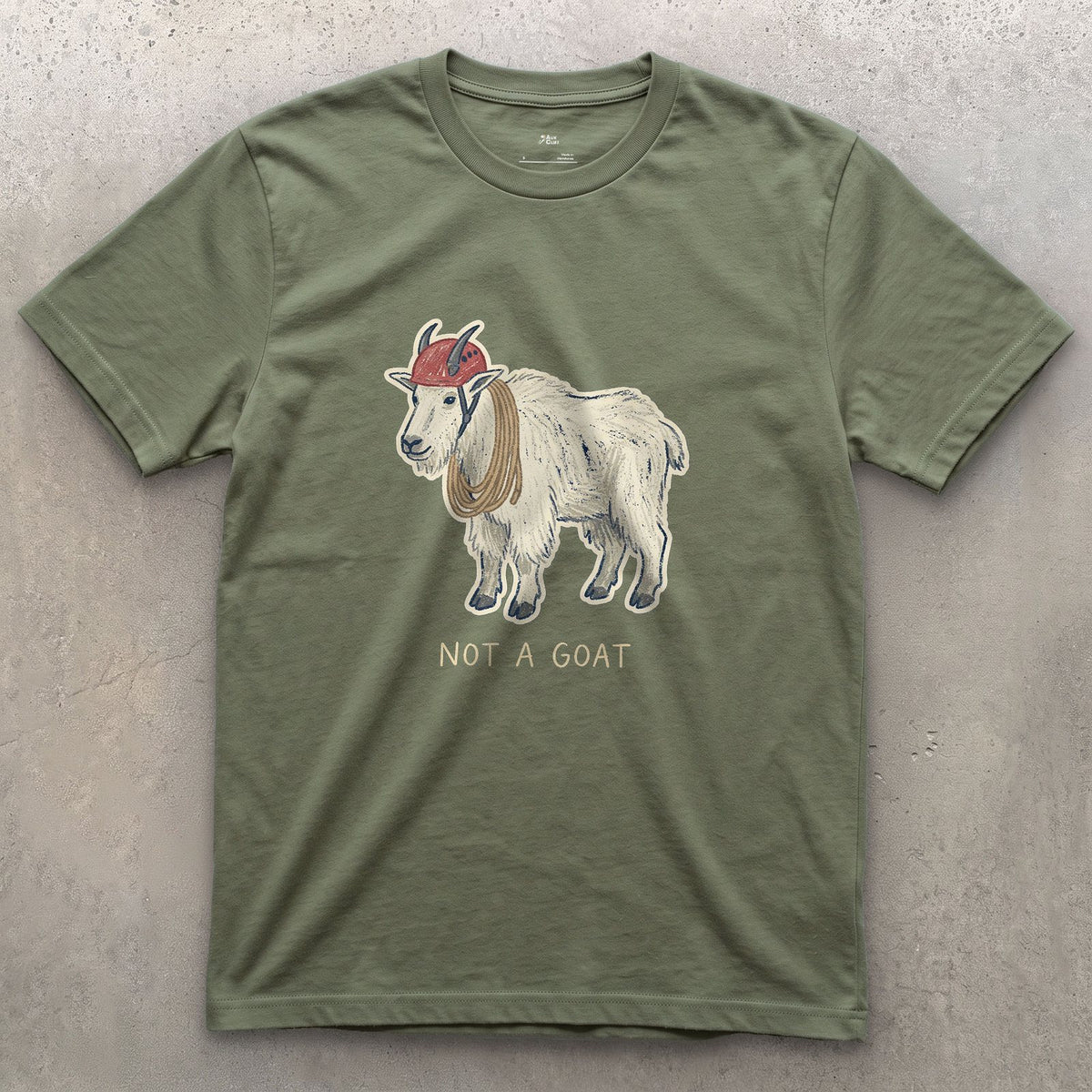 Not a Goat, Mountain Goat design on a Military Green Gildan Softstyle t-shirt