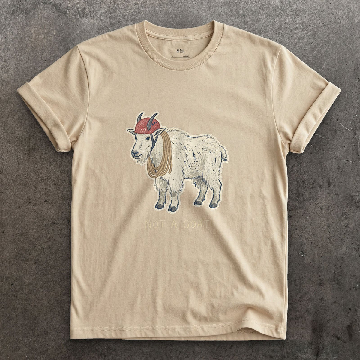 Not a Goat, Mountain Goat design on a Sand Gildan Softstyle t-shirt