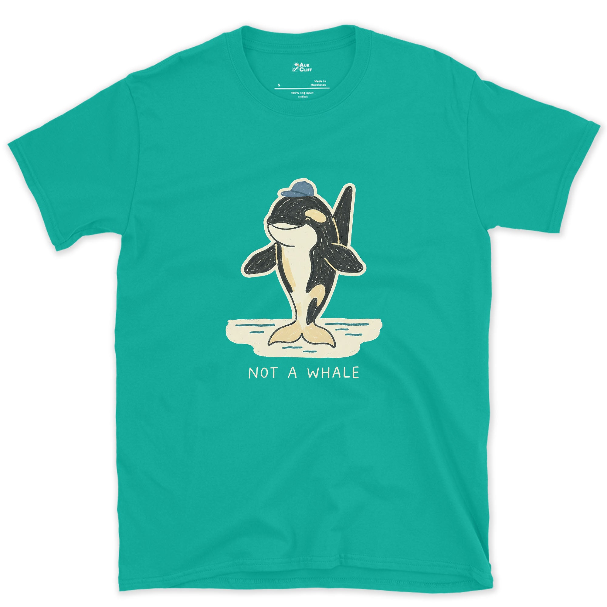 Not a Whale, Orca in a Cap design on a Jade Dome Gildan Softstyle t-shirt