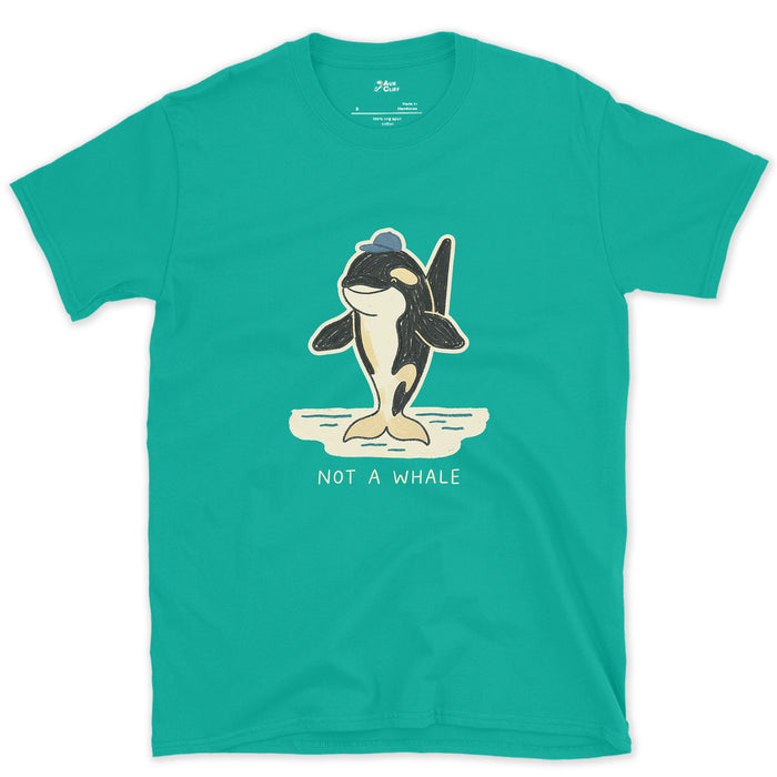 Not a Whale, Orca in a Cap design on a Jade Dome Gildan Softstyle t-shirt