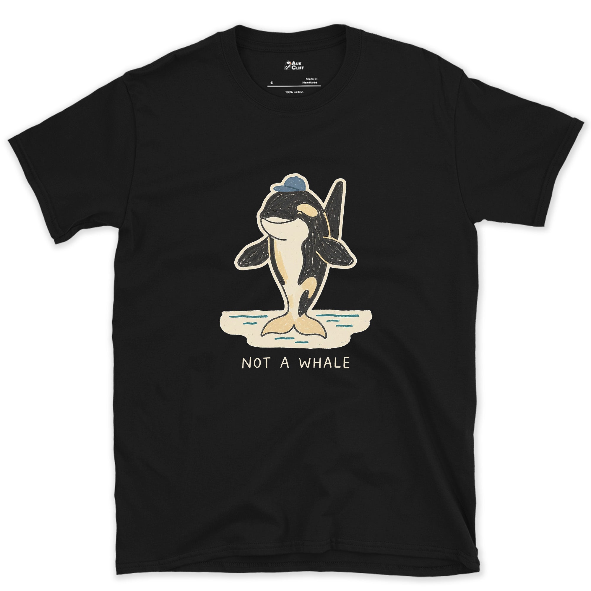 Not a Whale, Orca in a Cap design on a Black Gildan Softstyle t-shirt