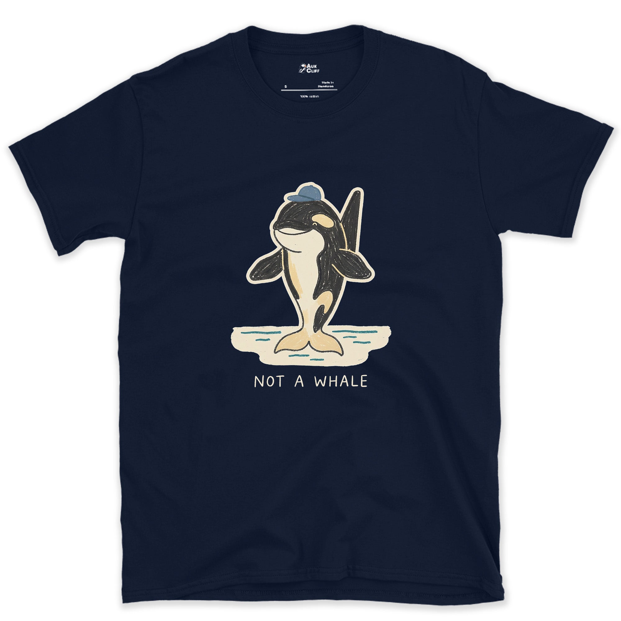 Not a Whale, Orca in a Cap design on a Navy Gildan Softstyle t-shirt