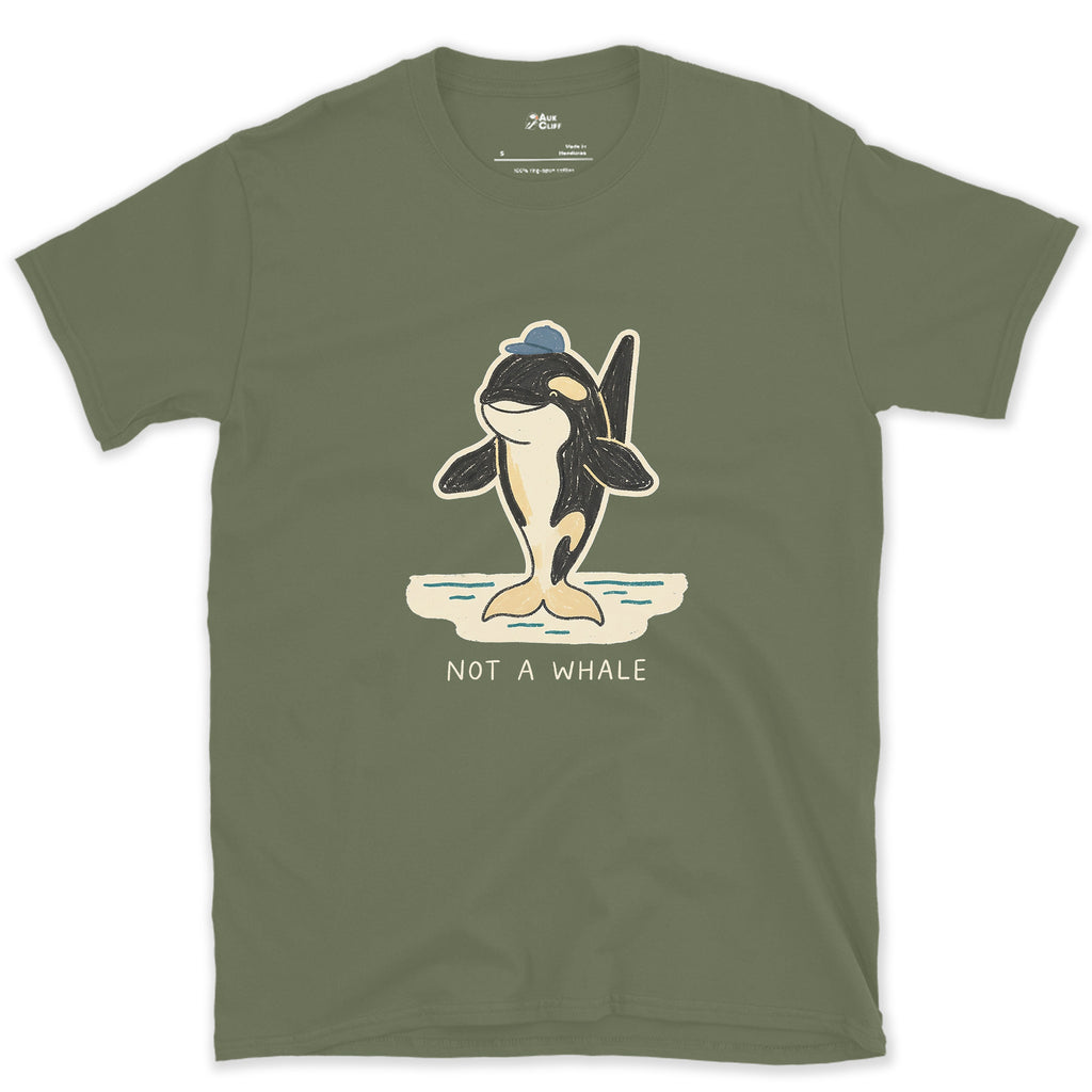 Not a Whale, Orca in a Cap design on a Military Green Gildan Softstyle t-shirt