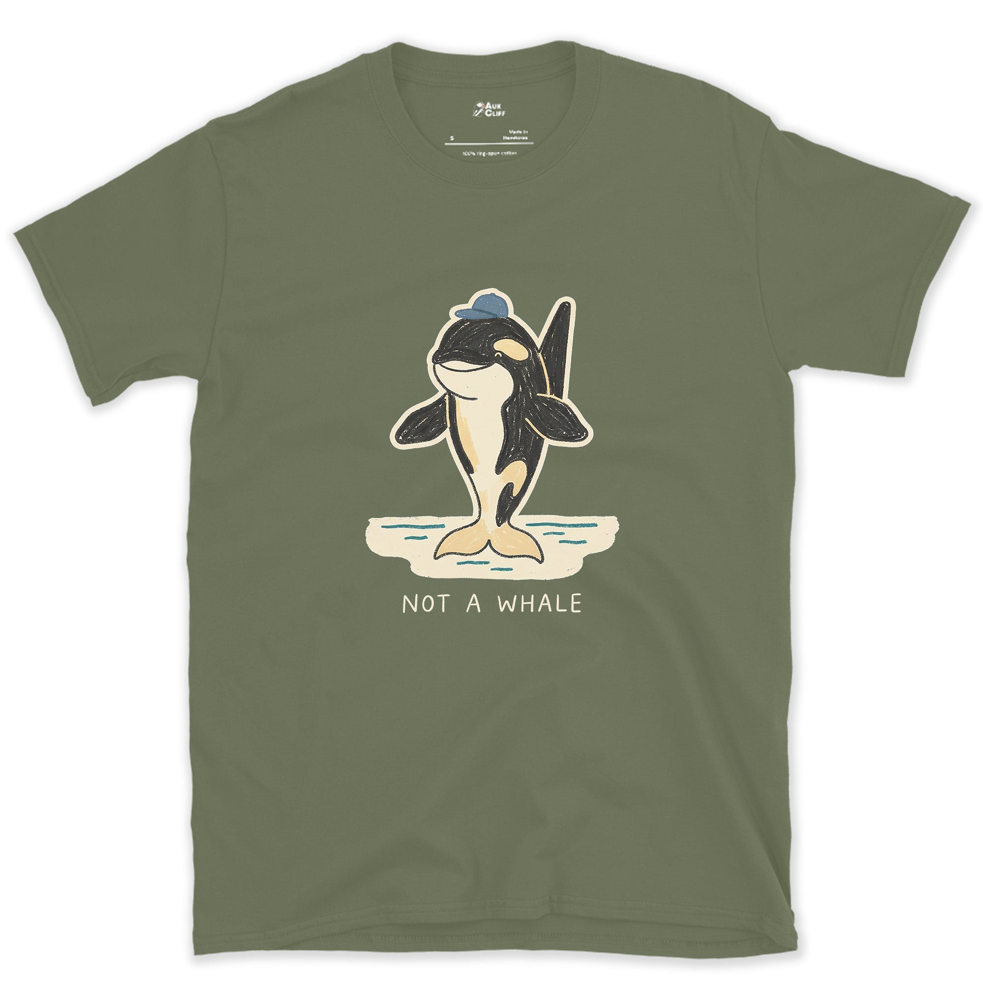 Not a Whale, Orca in a Cap design on a Military Green Gildan Softstyle t-shirt