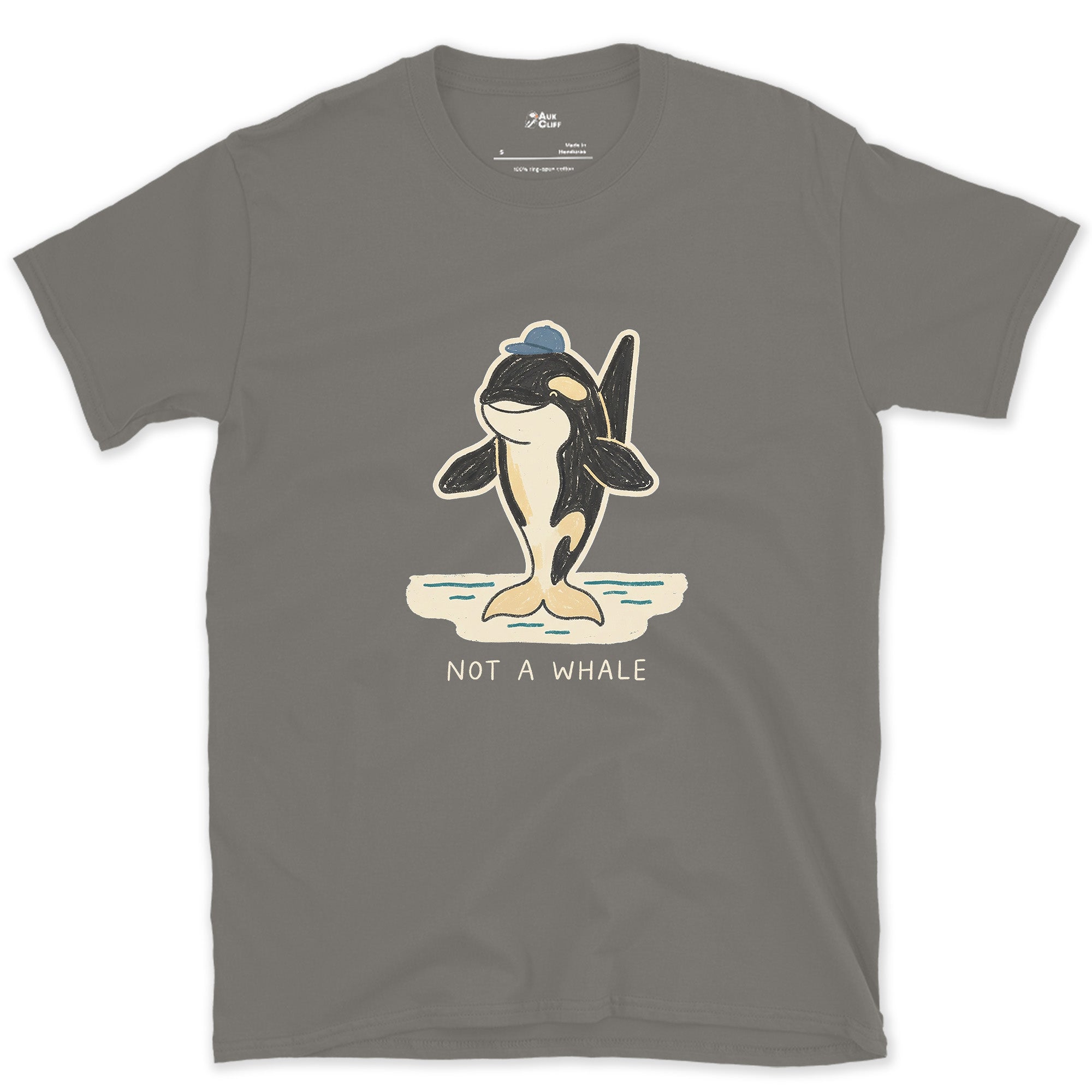 Not a Whale, Orca in a Cap design on a Charcoal Gildan Softstyle t-shirt