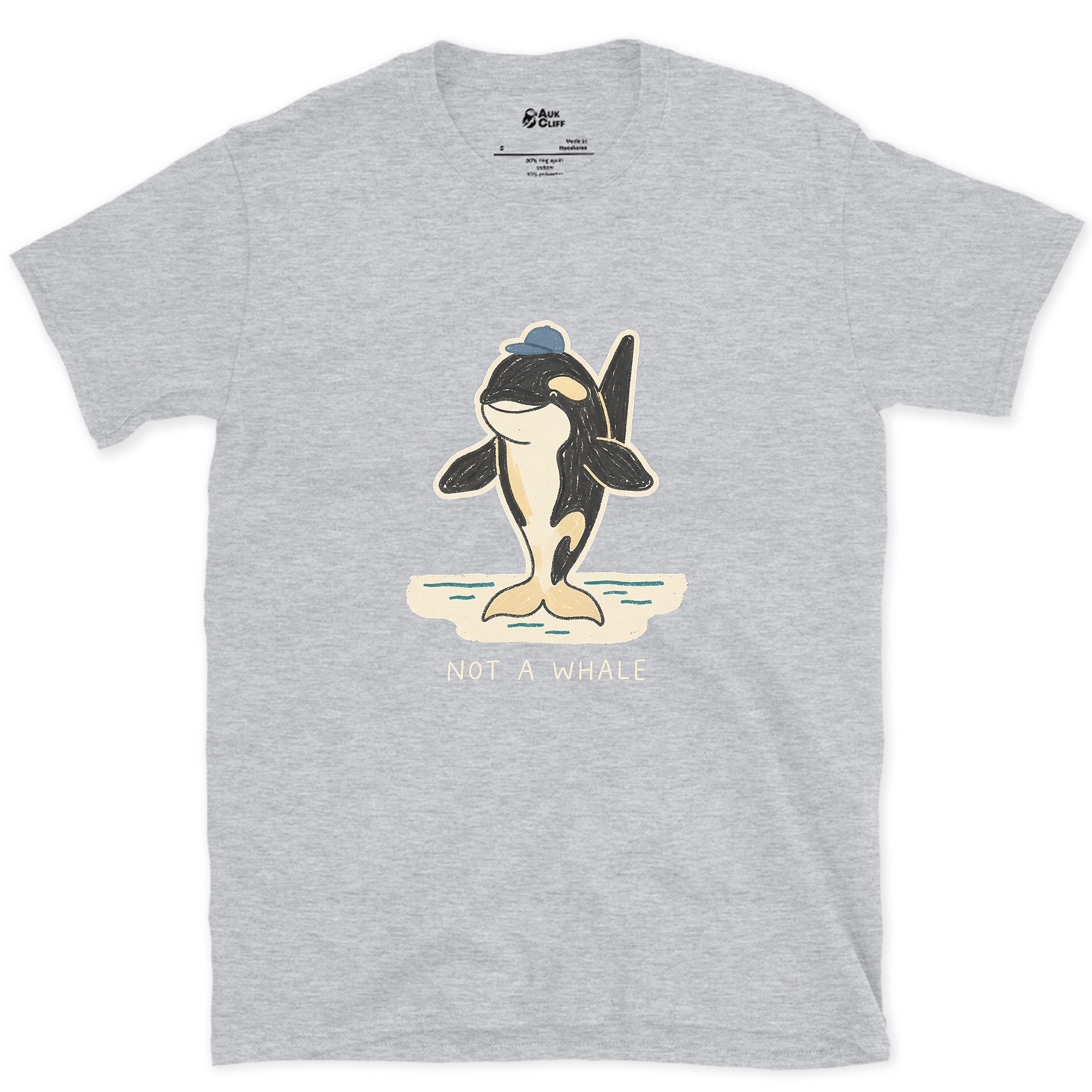 Not a Whale, Orca in a Cap design on a Sport Grey Gildan Softstyle t-shirt