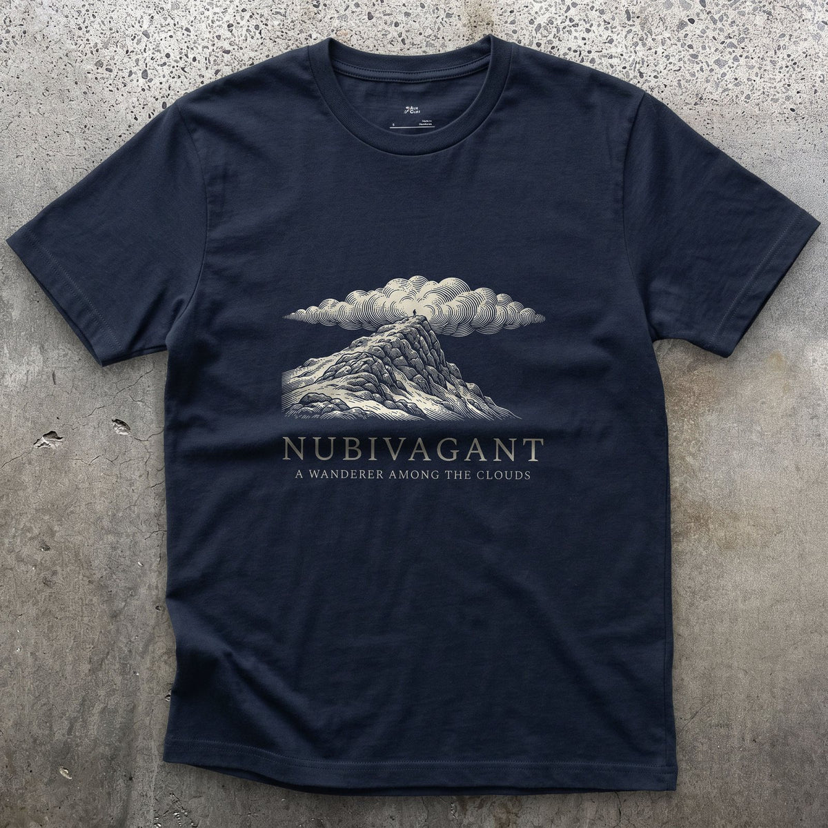 Nubivagant, a Wanderer Among the Clouds design on a Navy Gildan Softstyle t-shirt
