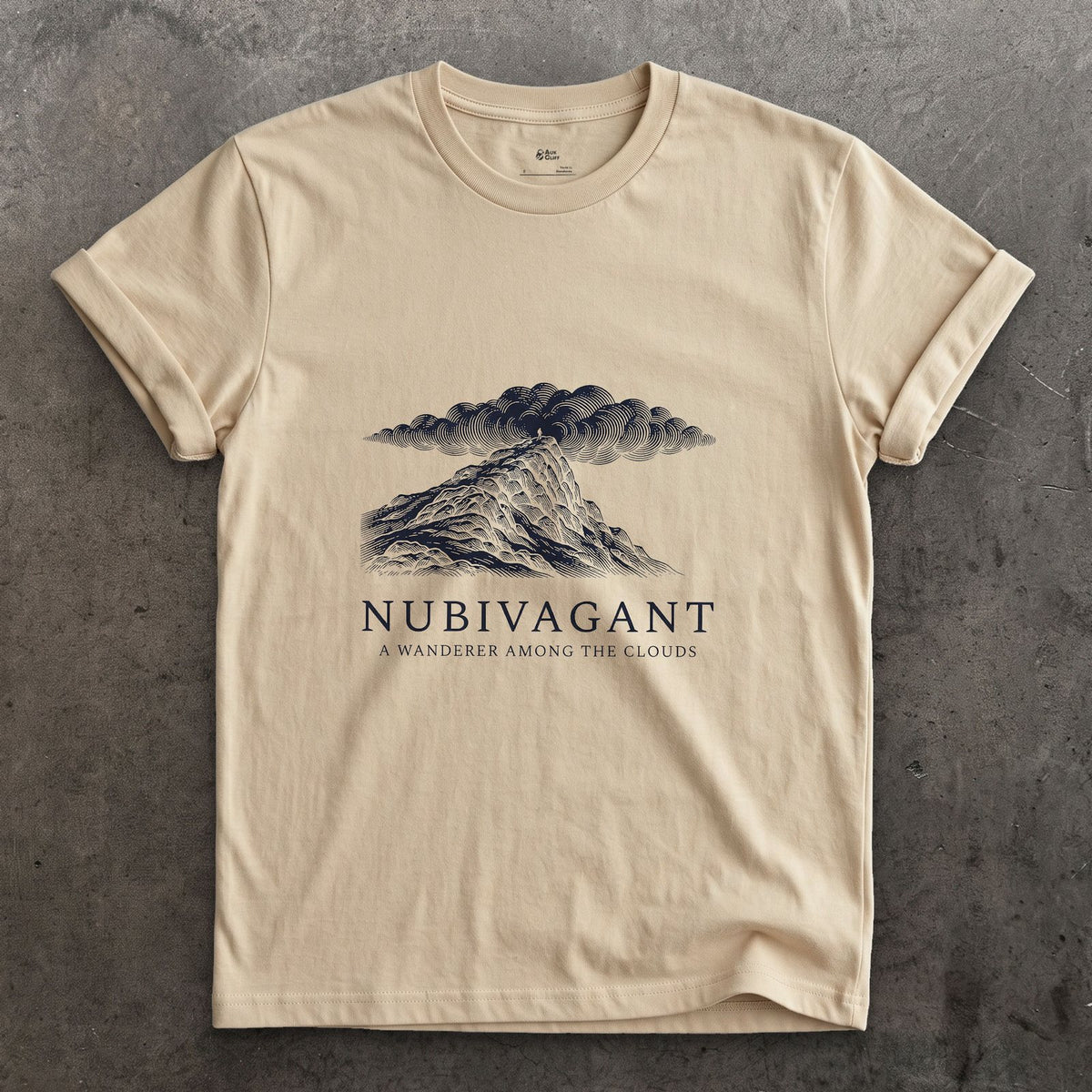Nubivagant, a Wanderer Among the Clouds design on a Sand Gildan Softstyle t-shirt