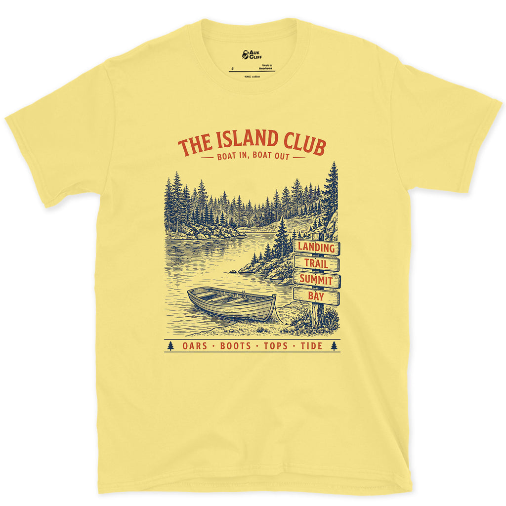 Boat In, Boat Out, Island Club design on a Cornsilk Gildan Softstyle t-shirt