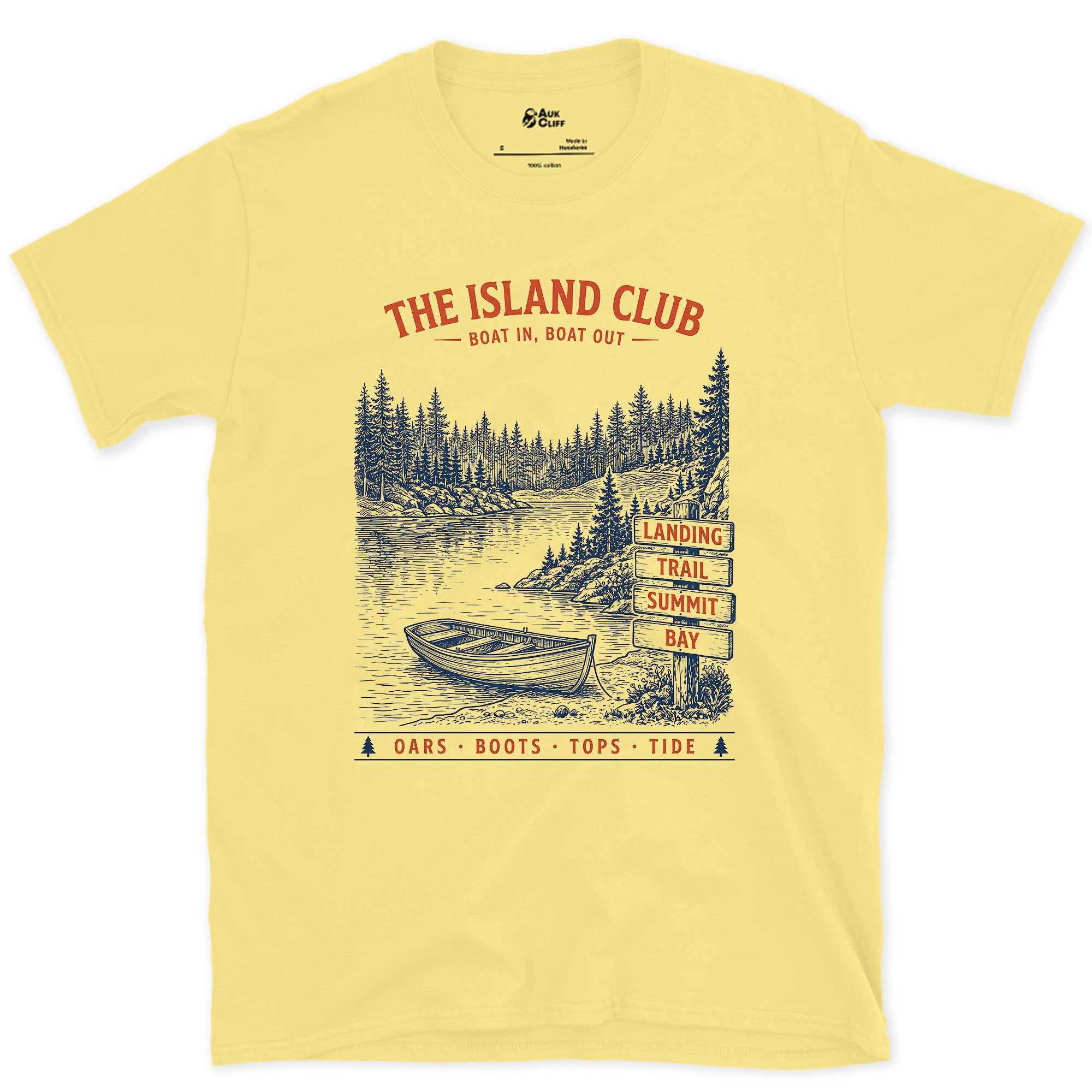 Boat In, Boat Out, Island Club design on a Cornsilk Gildan Softstyle t-shirt