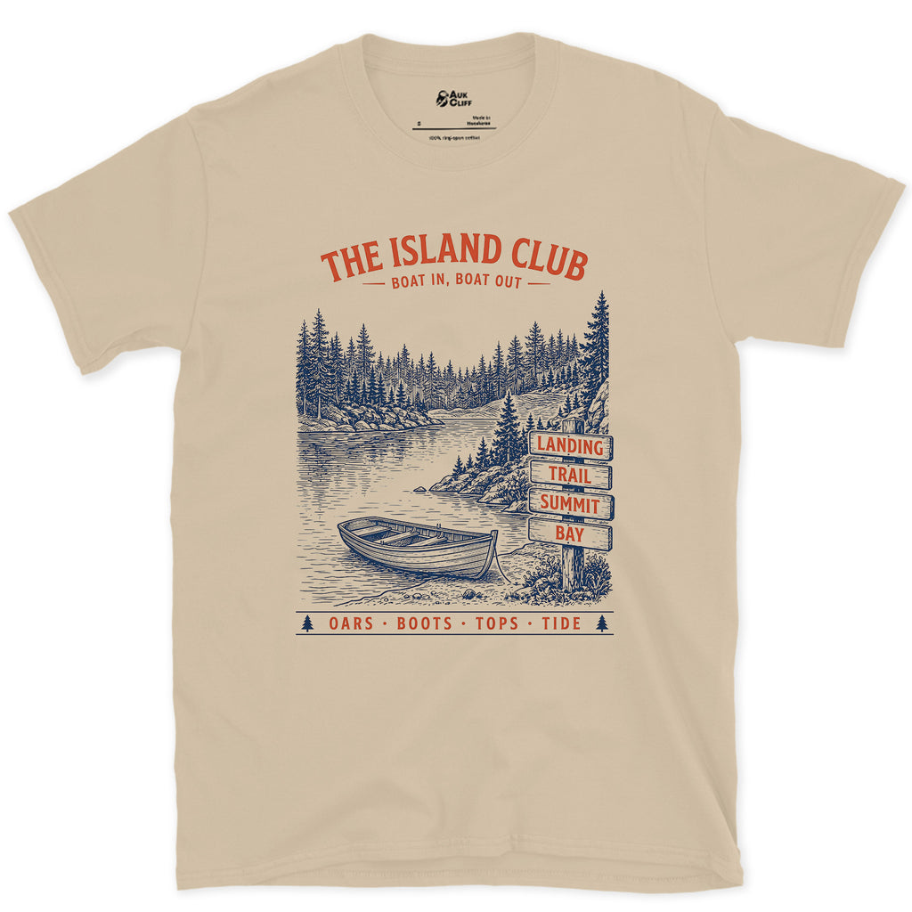 Boat In, Boat Out, Island Club design on a Sand Gildan Softstyle t-shirt