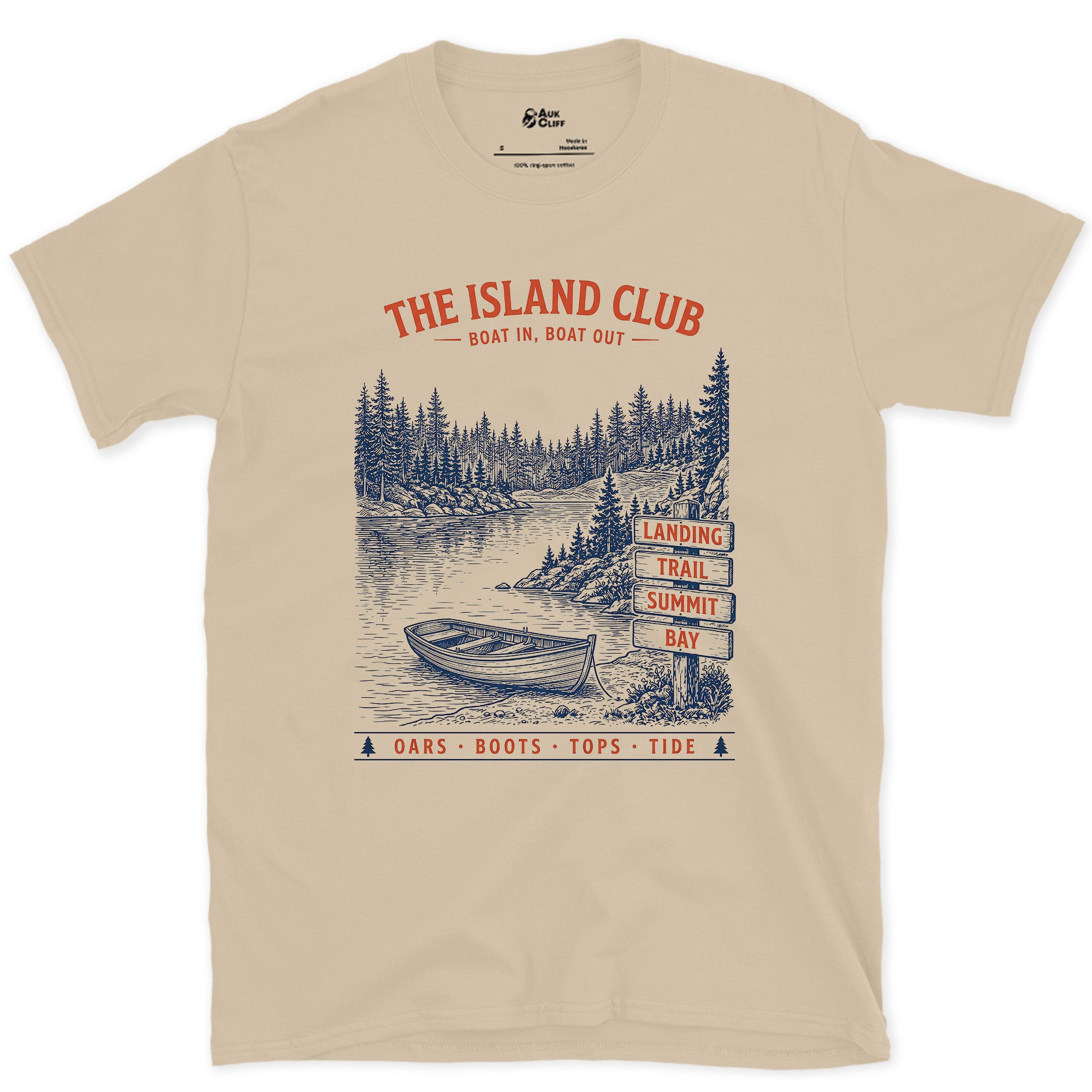 Boat In, Boat Out, Island Club design on a Sand Gildan Softstyle t-shirt