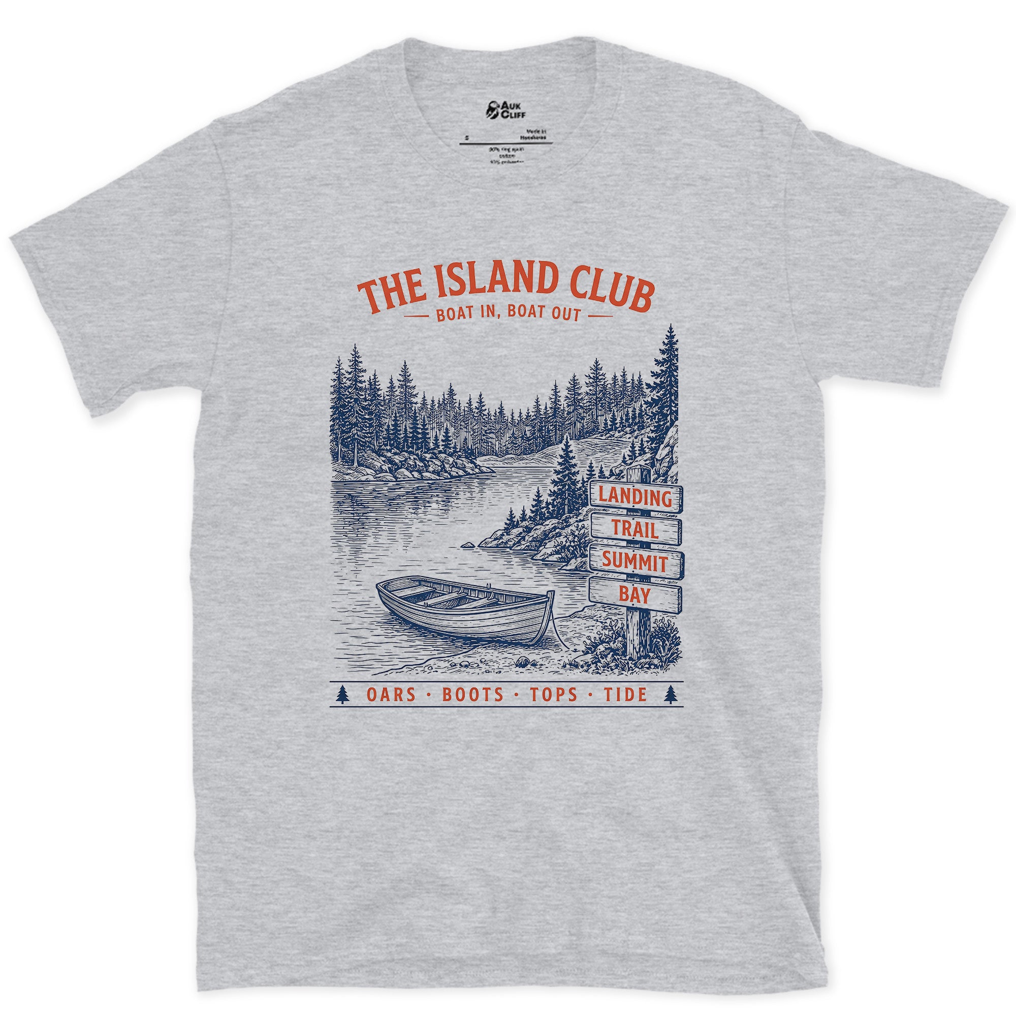 Boat In, Boat Out, Island Club design on a Sport Grey Gildan Softstyle t-shirt