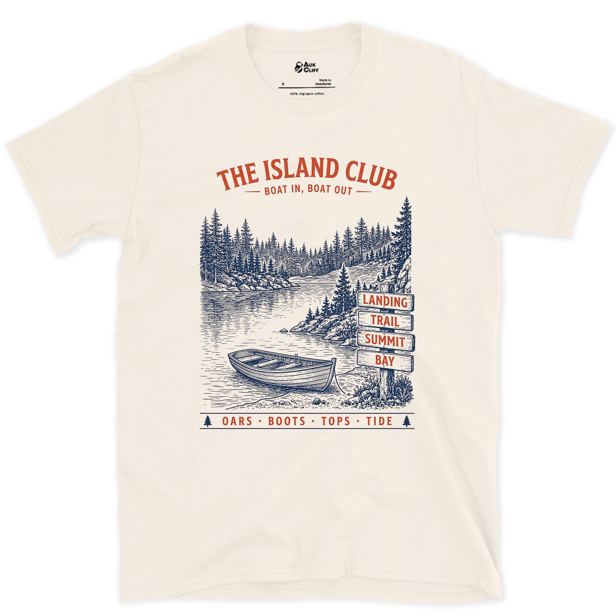 Boat In, Boat Out, Island Club design on a Natural Gildan Softstyle t-shirt