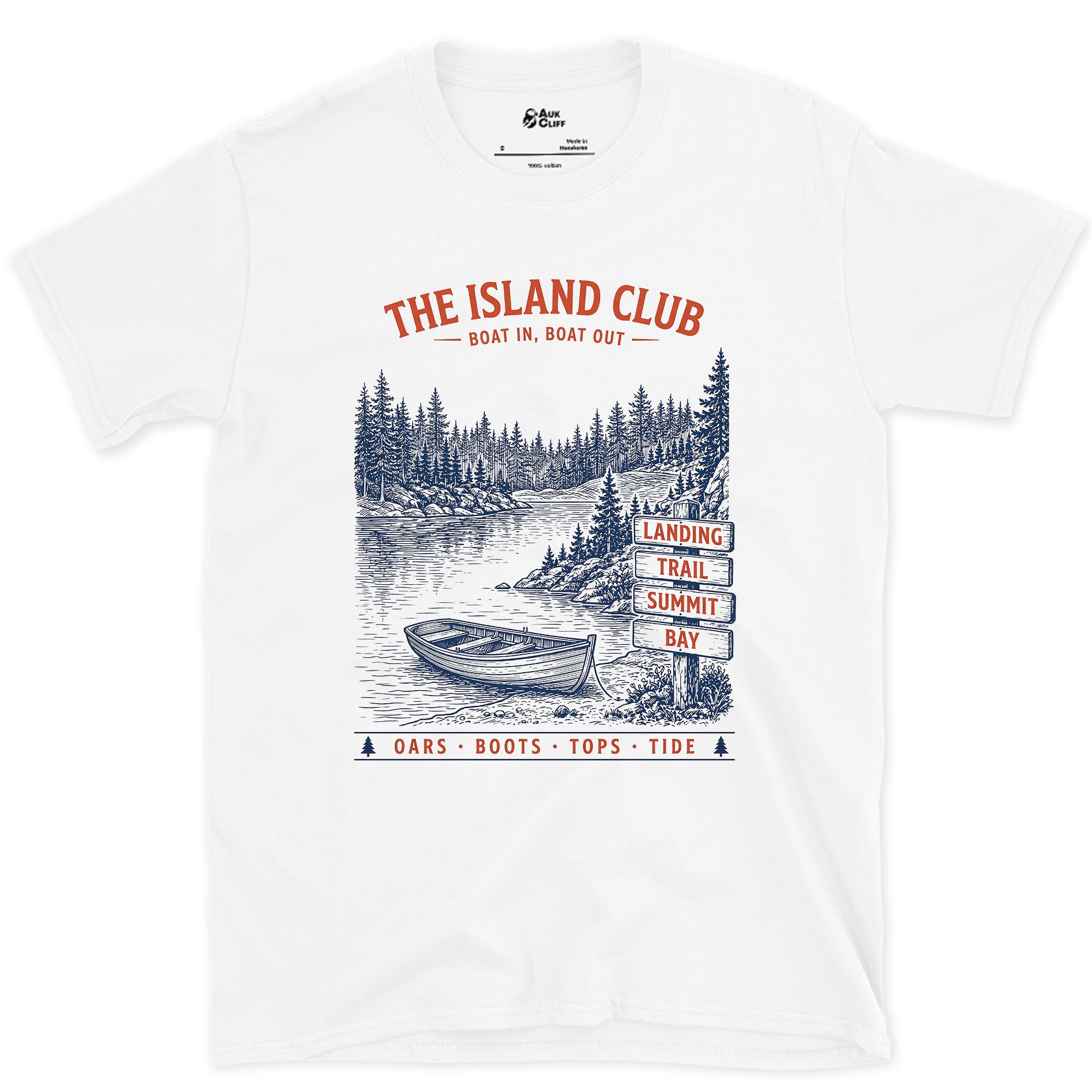 Boat In, Boat Out, Island Club design on a White Gildan Softstyle t-shirt