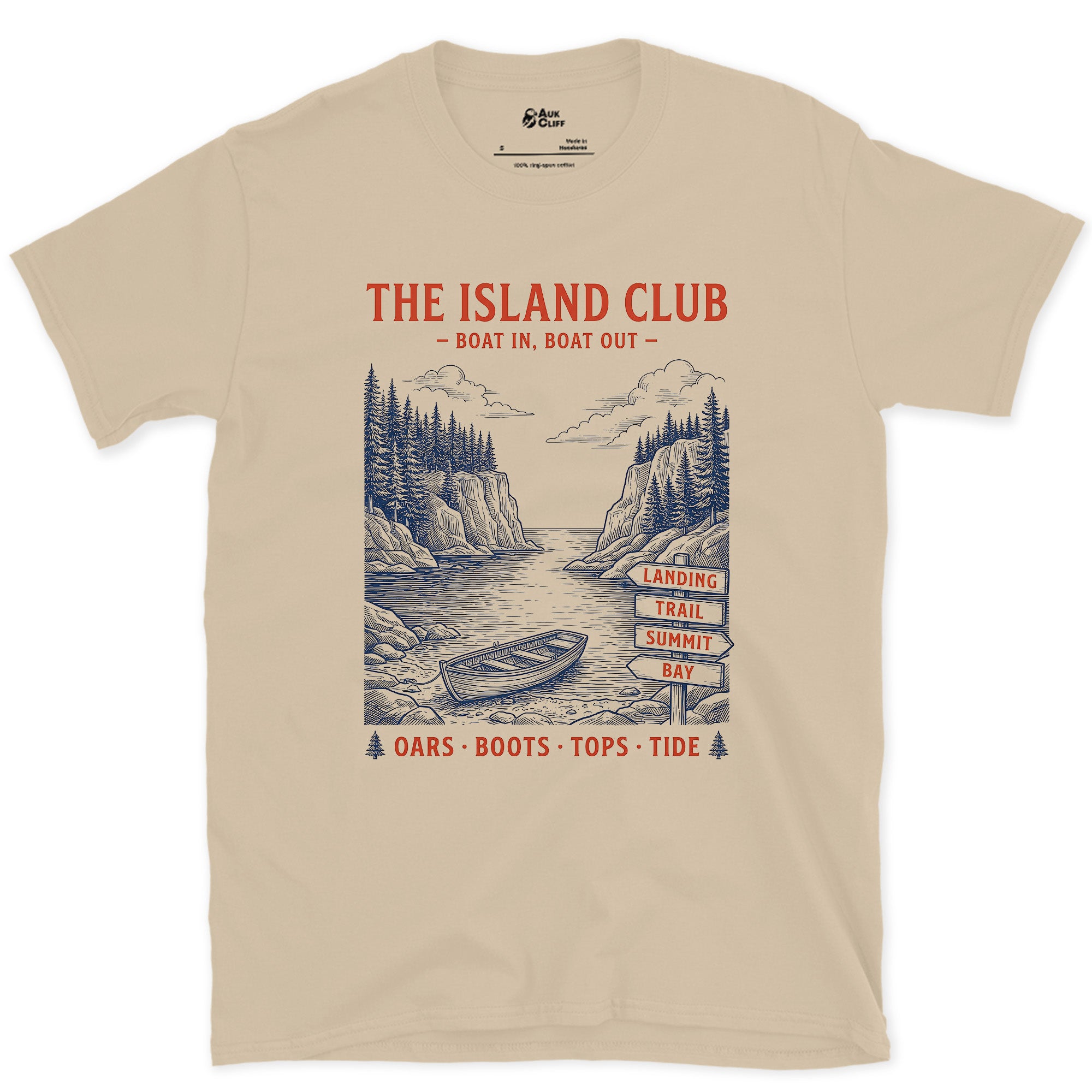 Oars, Boots, Tops, Tide, Island Club design on a Sand Gildan Softstyle t-shirt